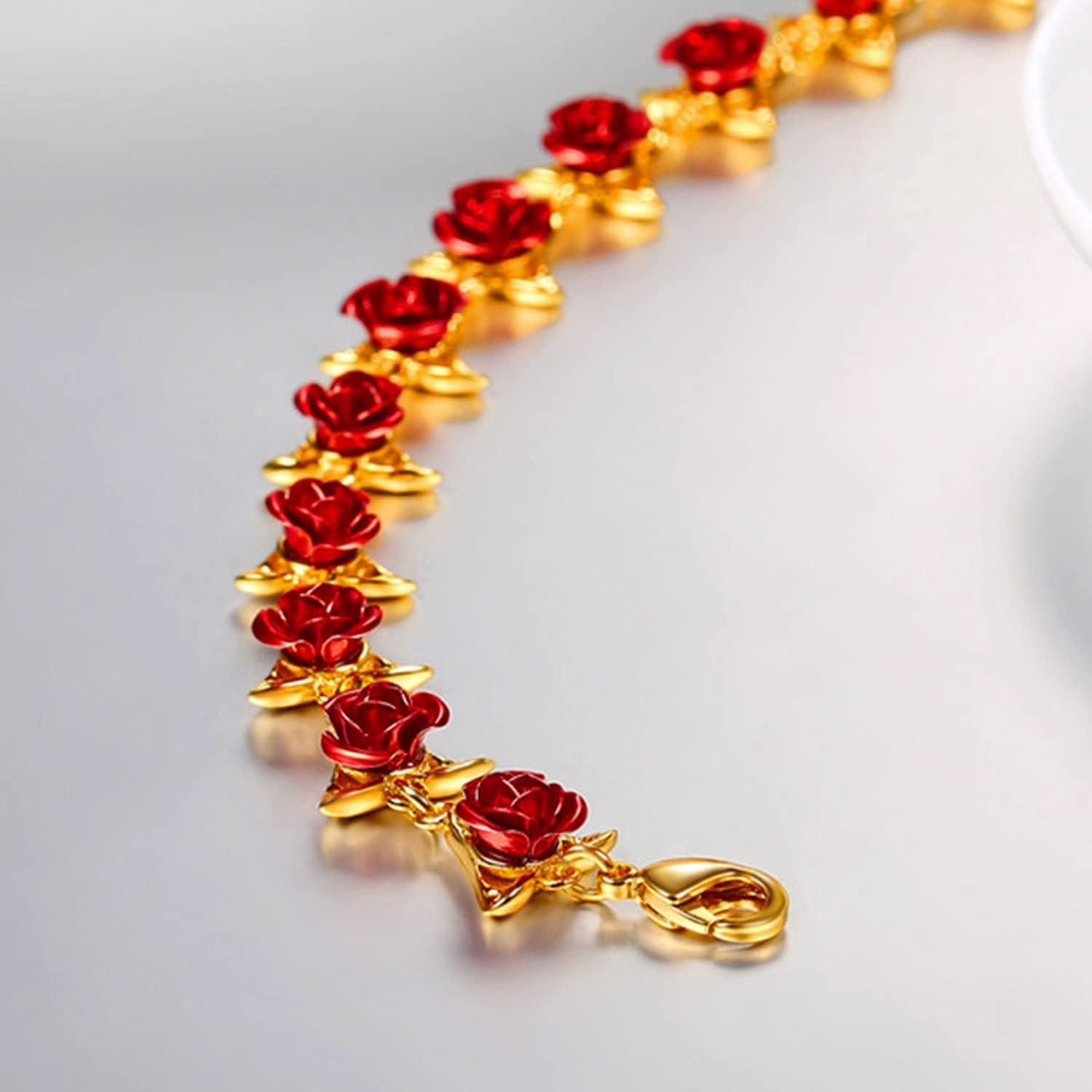 Pulsera de Rosa Roja U7 en Oro 18K para Mujeres 19CM