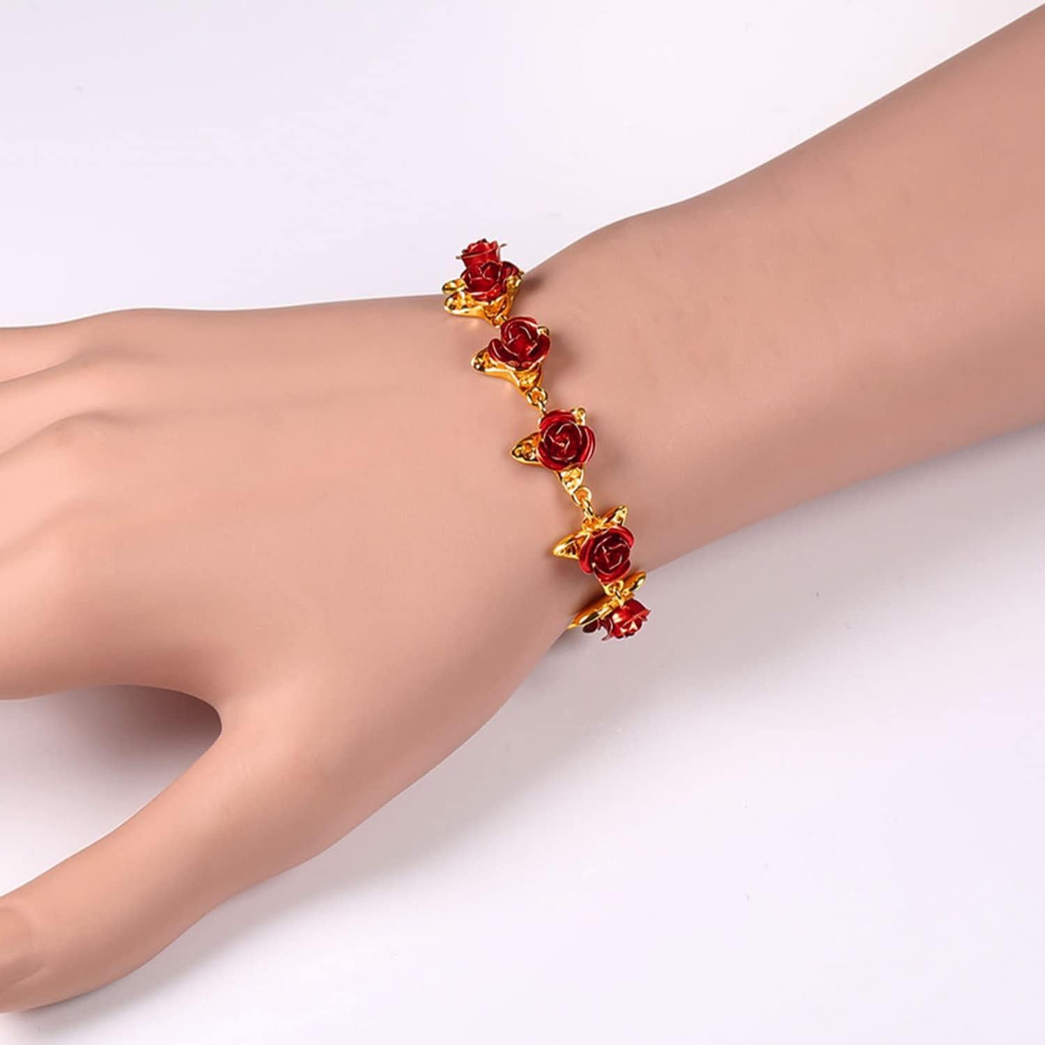 Pulsera de Rosa Roja U7 en Oro 18K para Mujeres 19CM