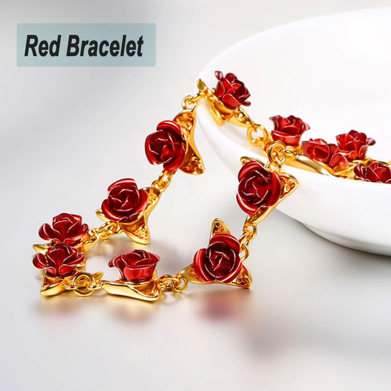 Pulsera de Rosa Roja U7 en Oro 18K para Mujeres 19CM