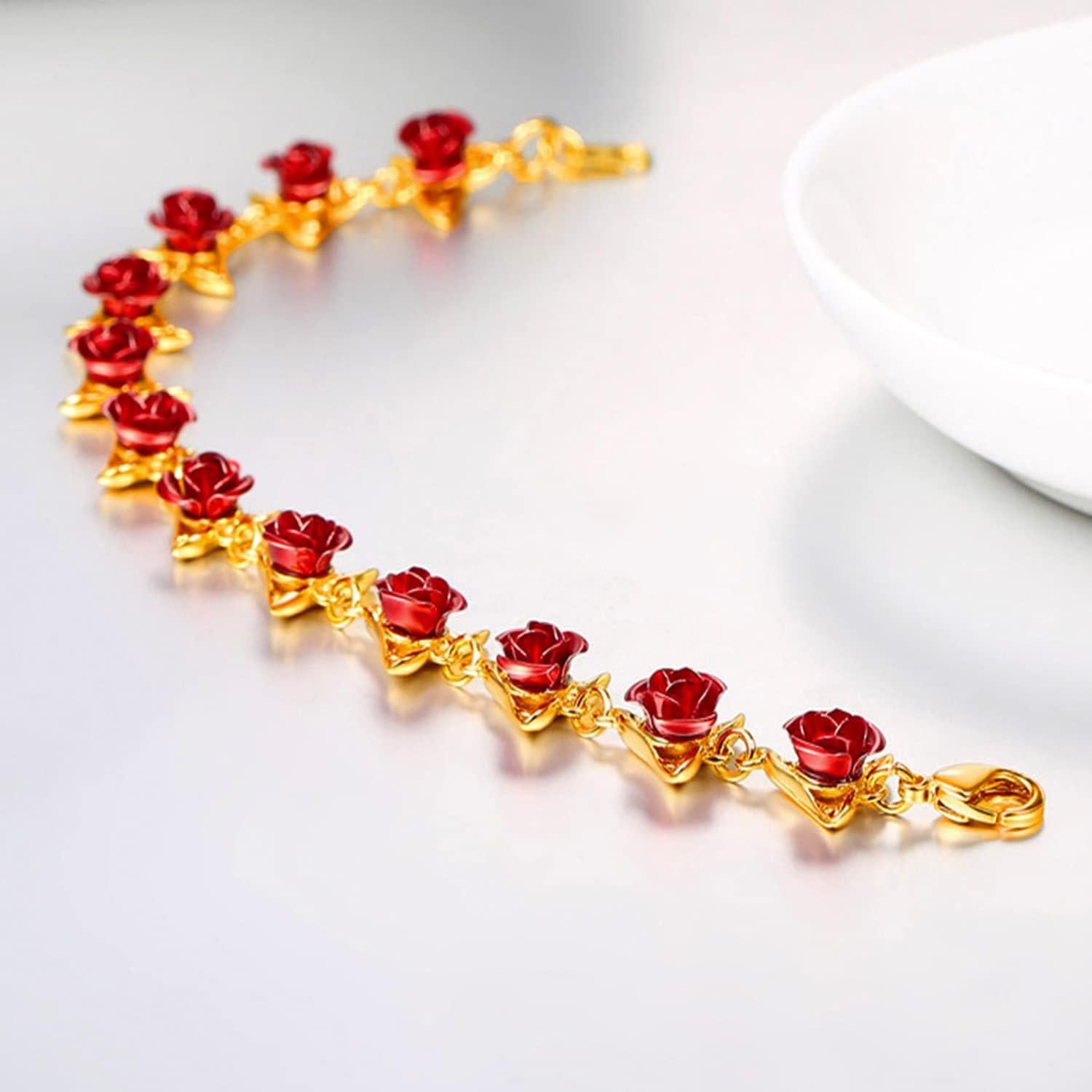 Pulsera de Rosa Roja U7 en Oro 18K para Mujeres 19CM