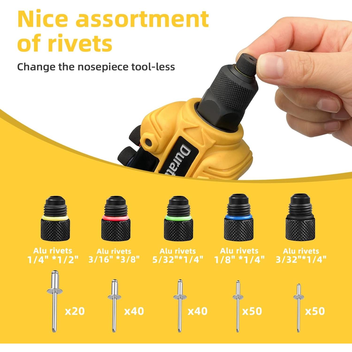 Kit de Pistola de Remaches Duratl DT800 con 200 Remaches y 5 Boquillas
