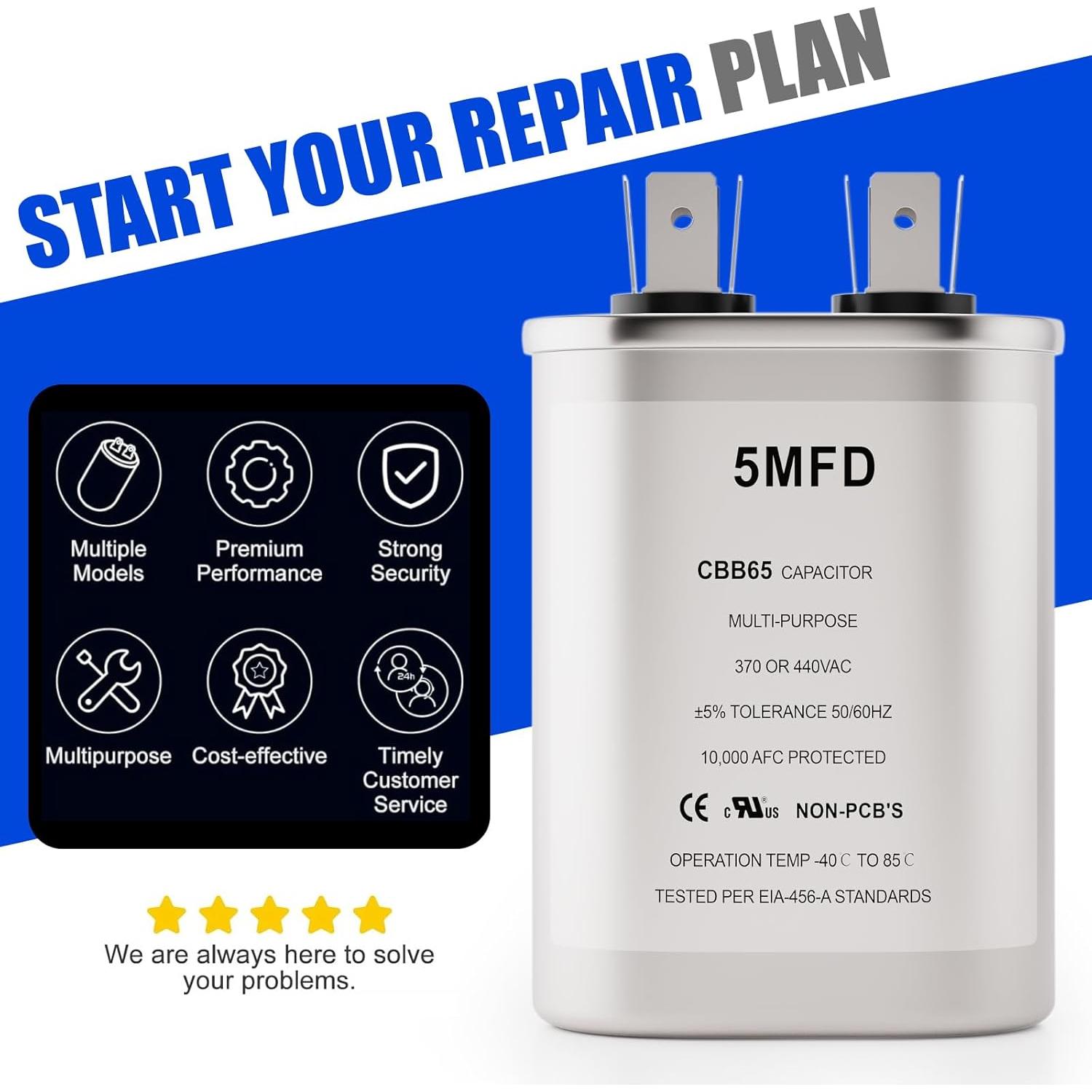 Capacitor de AC 5 uF CBB65 FIERRE SHANG 370/440 VAC Ovalado