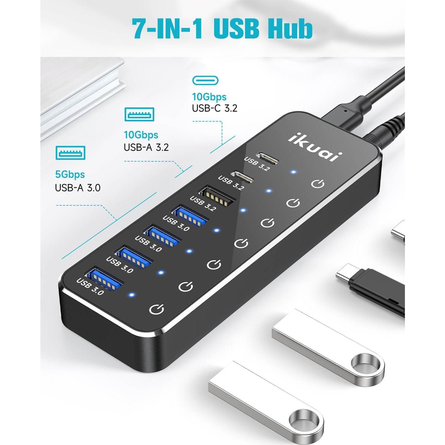 Hub USB Alimentado ikuai 7 Puertos 3.2 10Gbps USB-C y USB-A