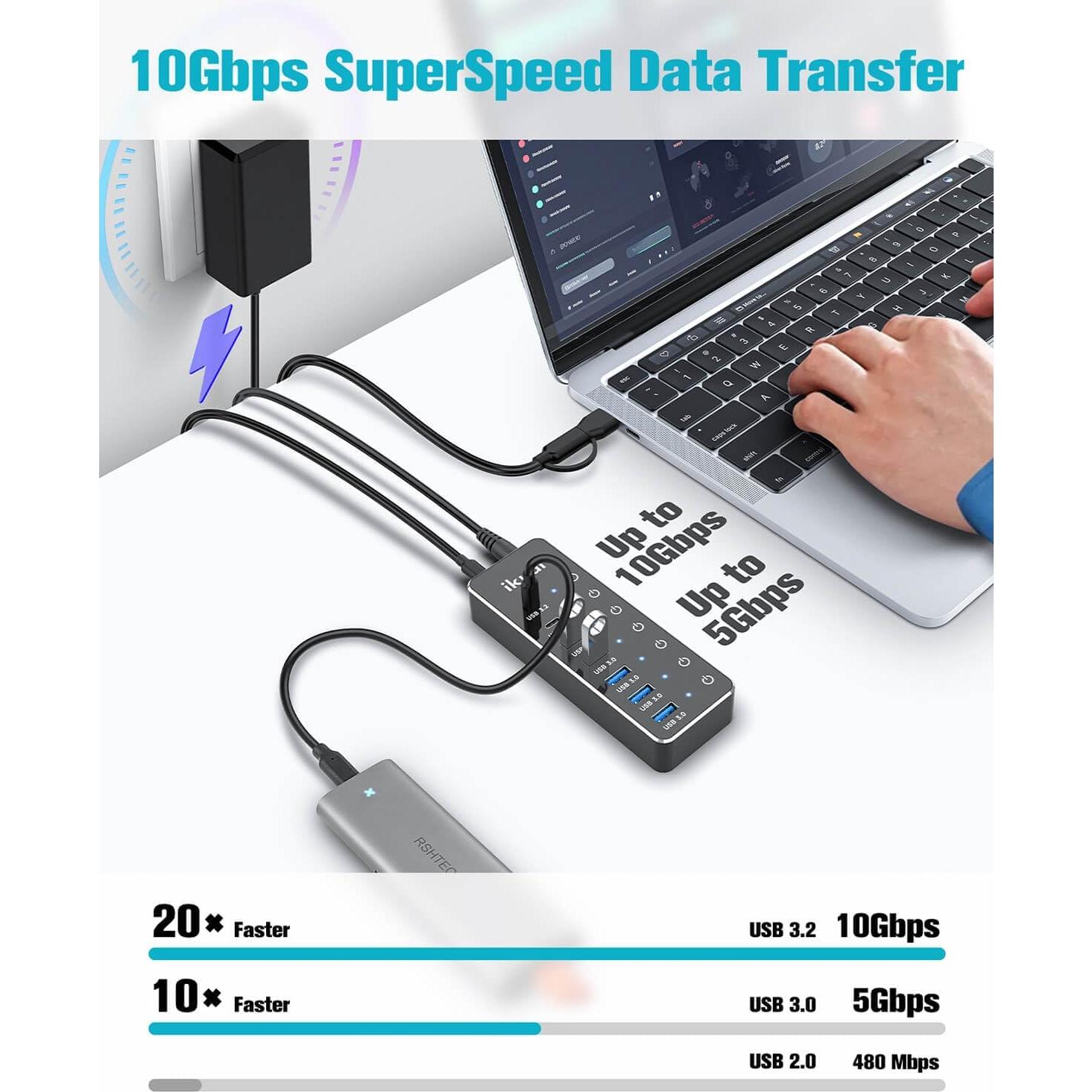 Hub USB Alimentado ikuai 7 Puertos 3.2 10Gbps USB-C y USB-A