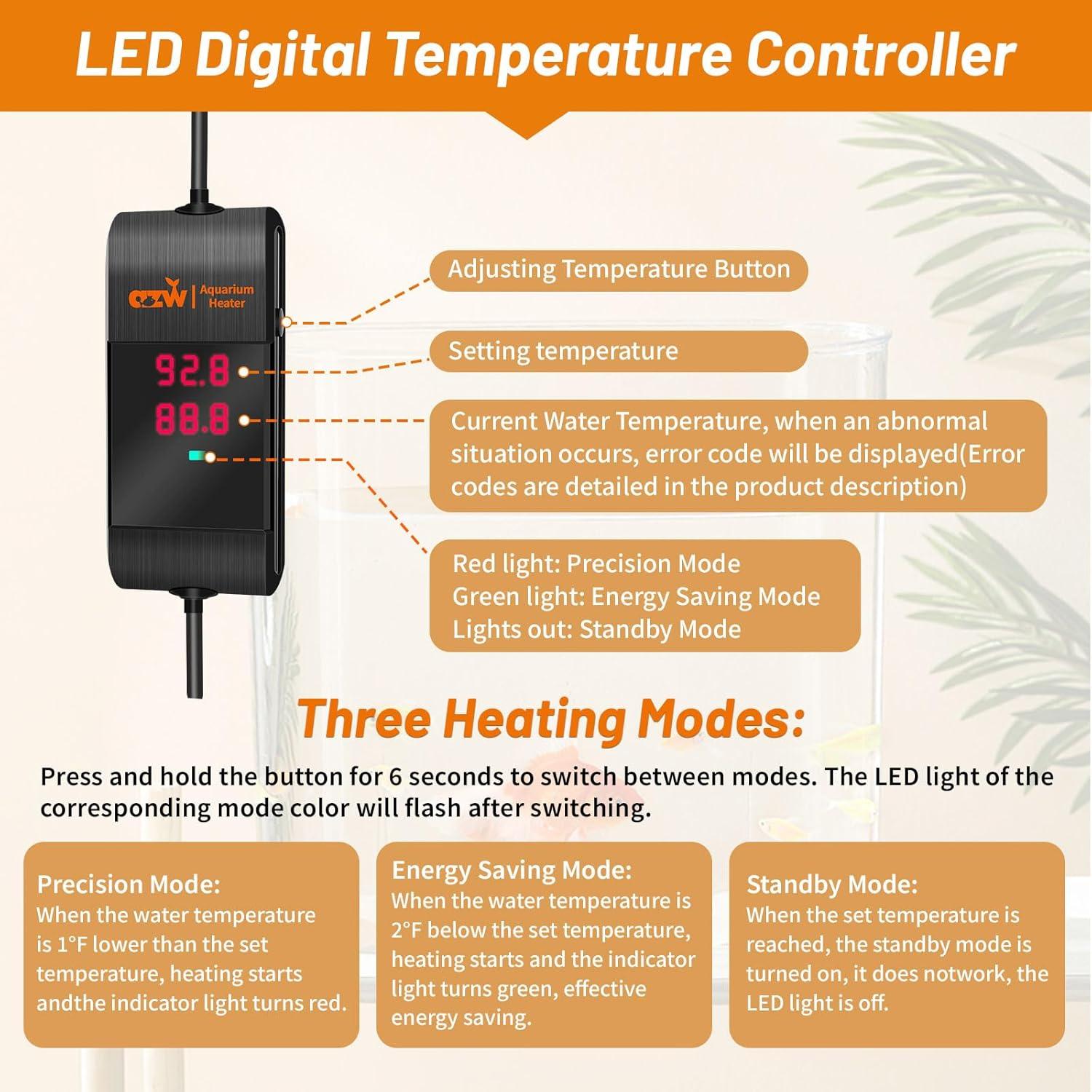 Calentador de Acuario AZW 100W para 94.6-170.3L con LED
