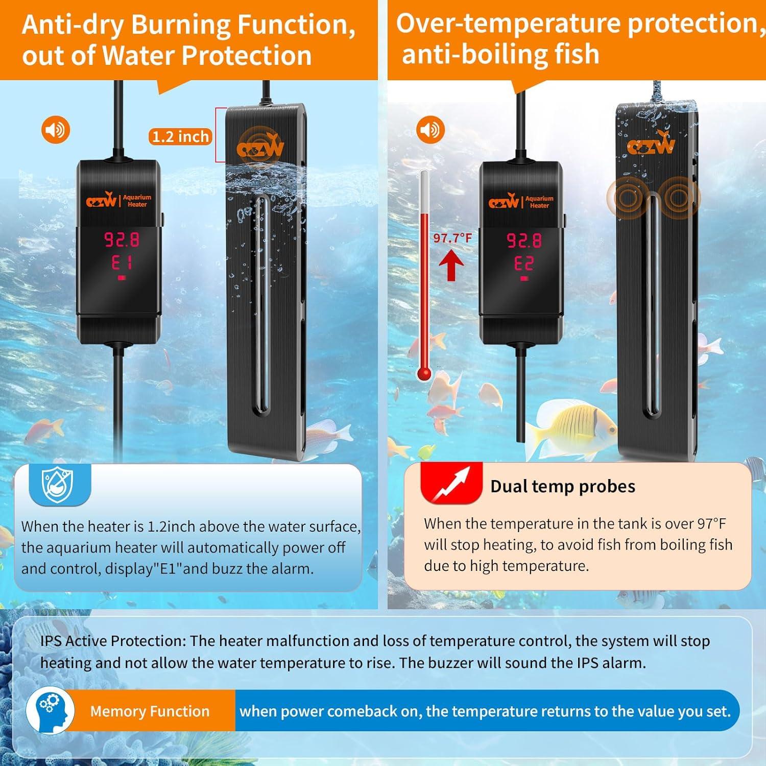 Calentador de Acuario AZW 100W para 94.6-170.3L con LED