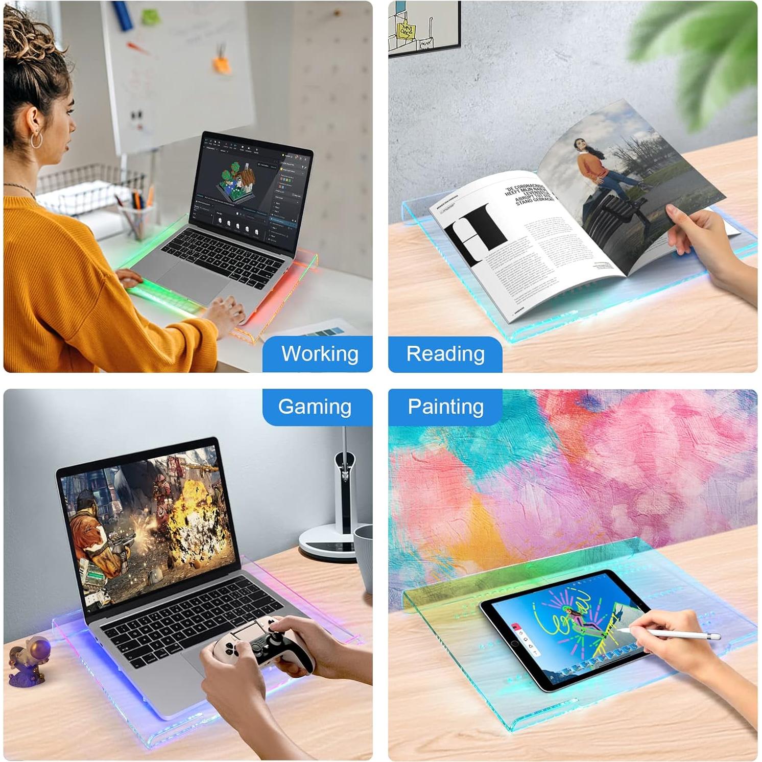 Soporte de Laptop Acrílico Transparente Ergonómico RGB 38x28cm