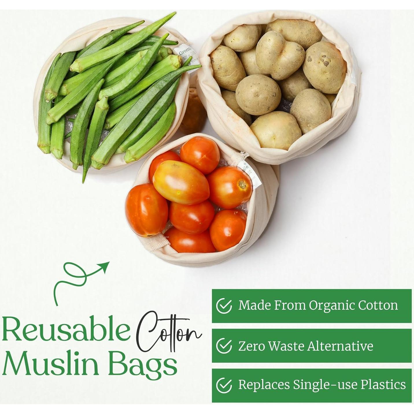 Bolsas de Muselina Reutilizables Greenmile - Algodón Orgánico - 9 Piezas