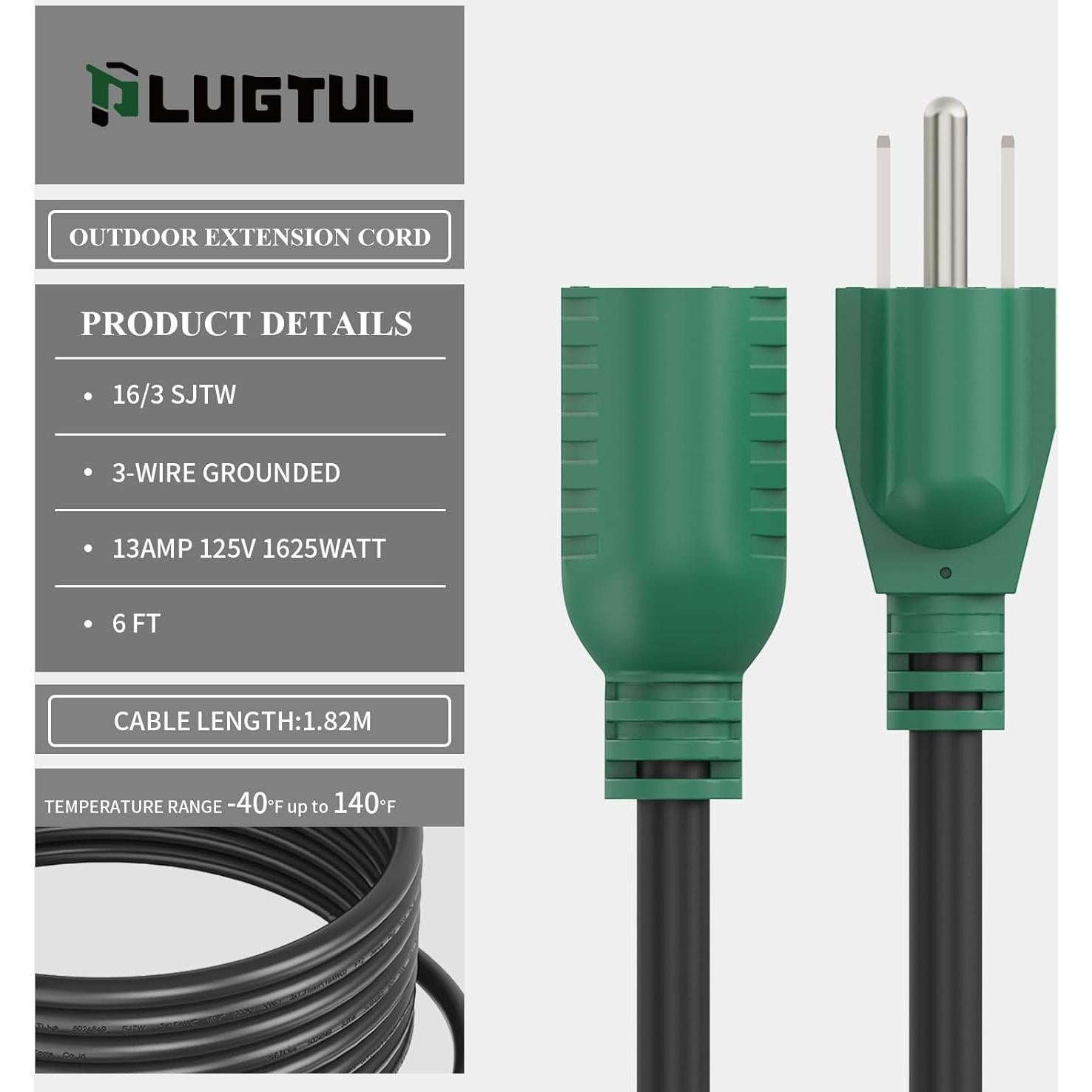 Cable de Extensión Impermeable 1.83 m PLUGTUL 16/3 13A