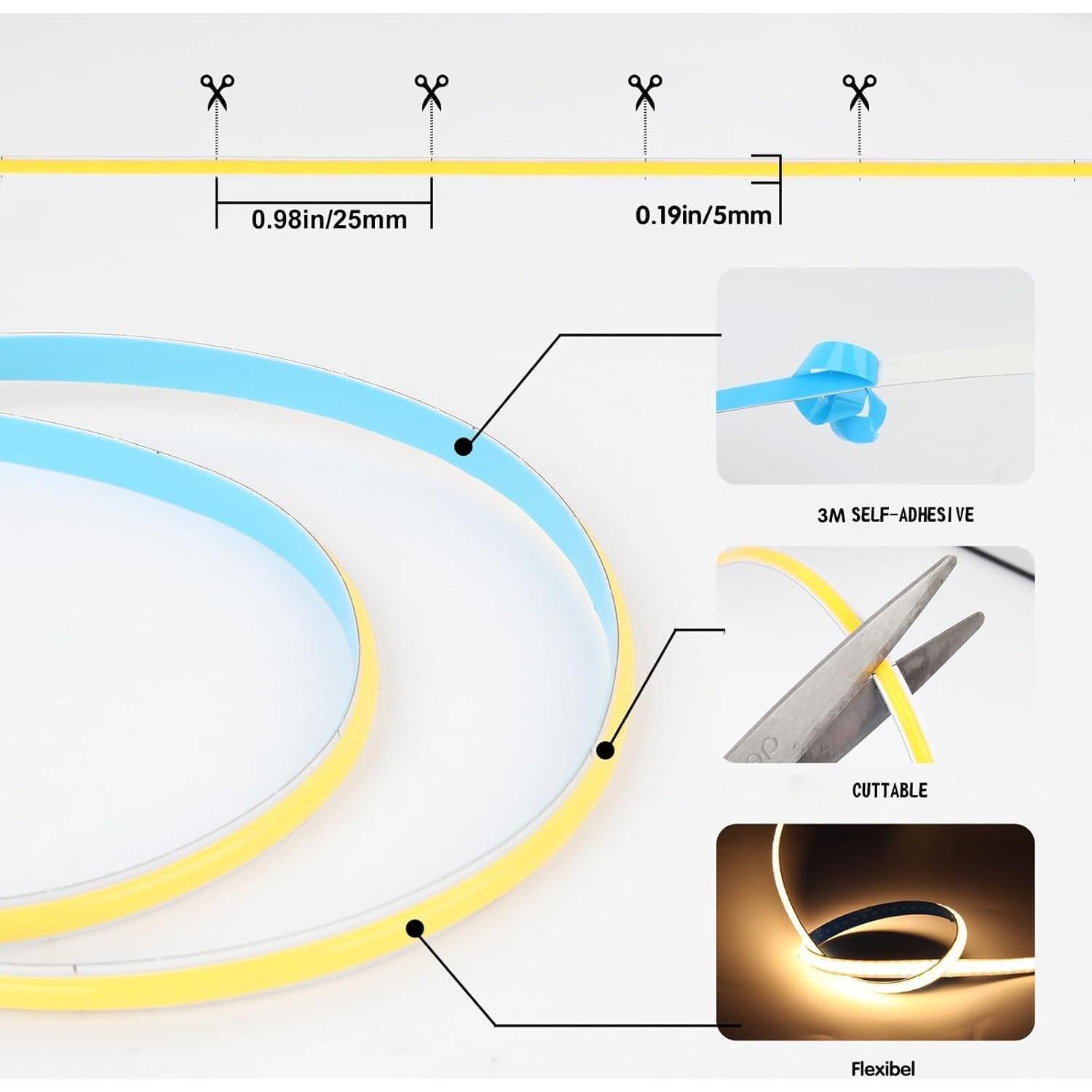 Tira de Luz LED COB 1M CUBITOR Regulable 5V USB Tipo-C 2700K