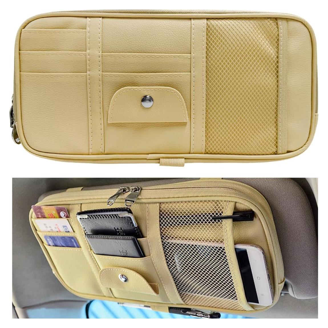 Organizador de Visera de Coche DXNQ Beige con Múltiples Bolsillos