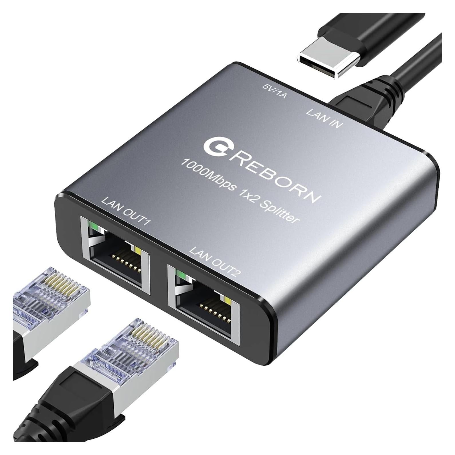 Divisor Ethernet 1 a 2 Reborn RJ45 1000Mbps con USB