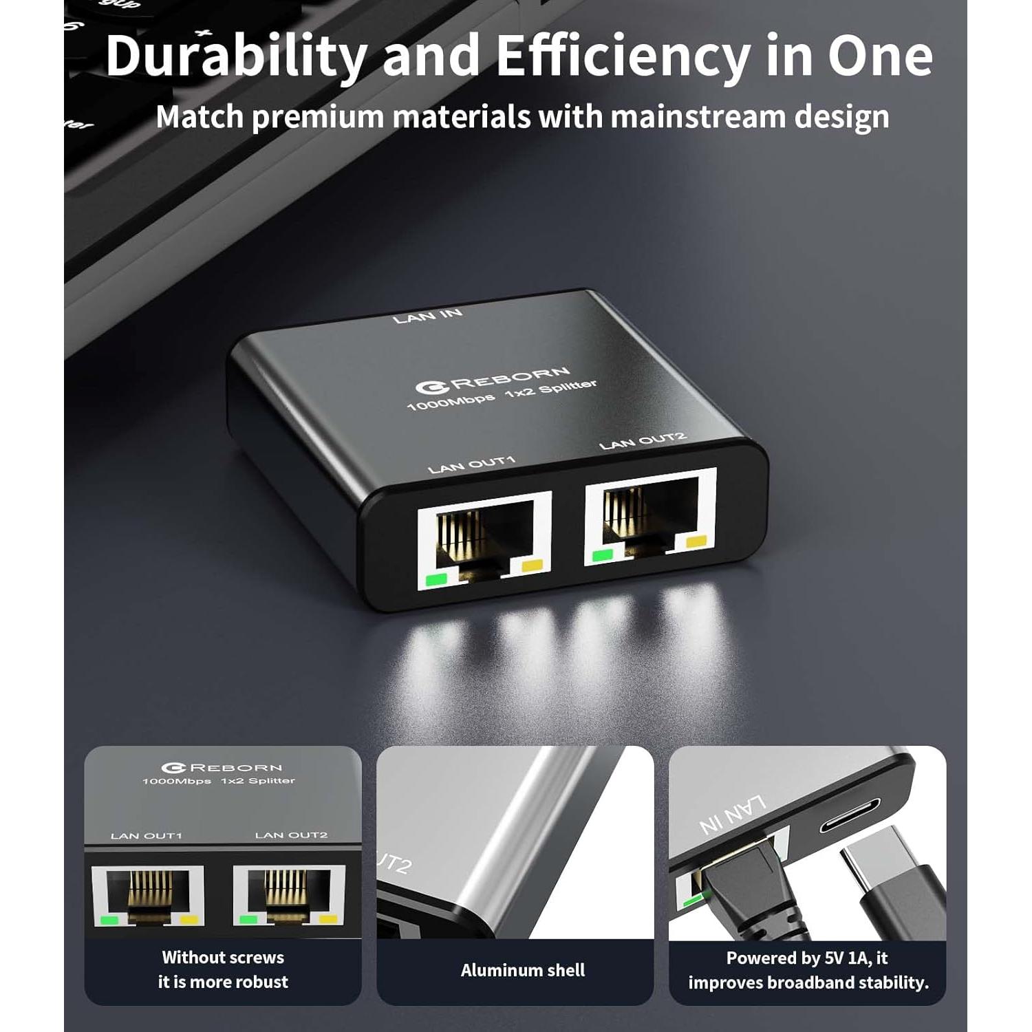 Divisor Ethernet 1 a 2 Reborn RJ45 1000Mbps con USB