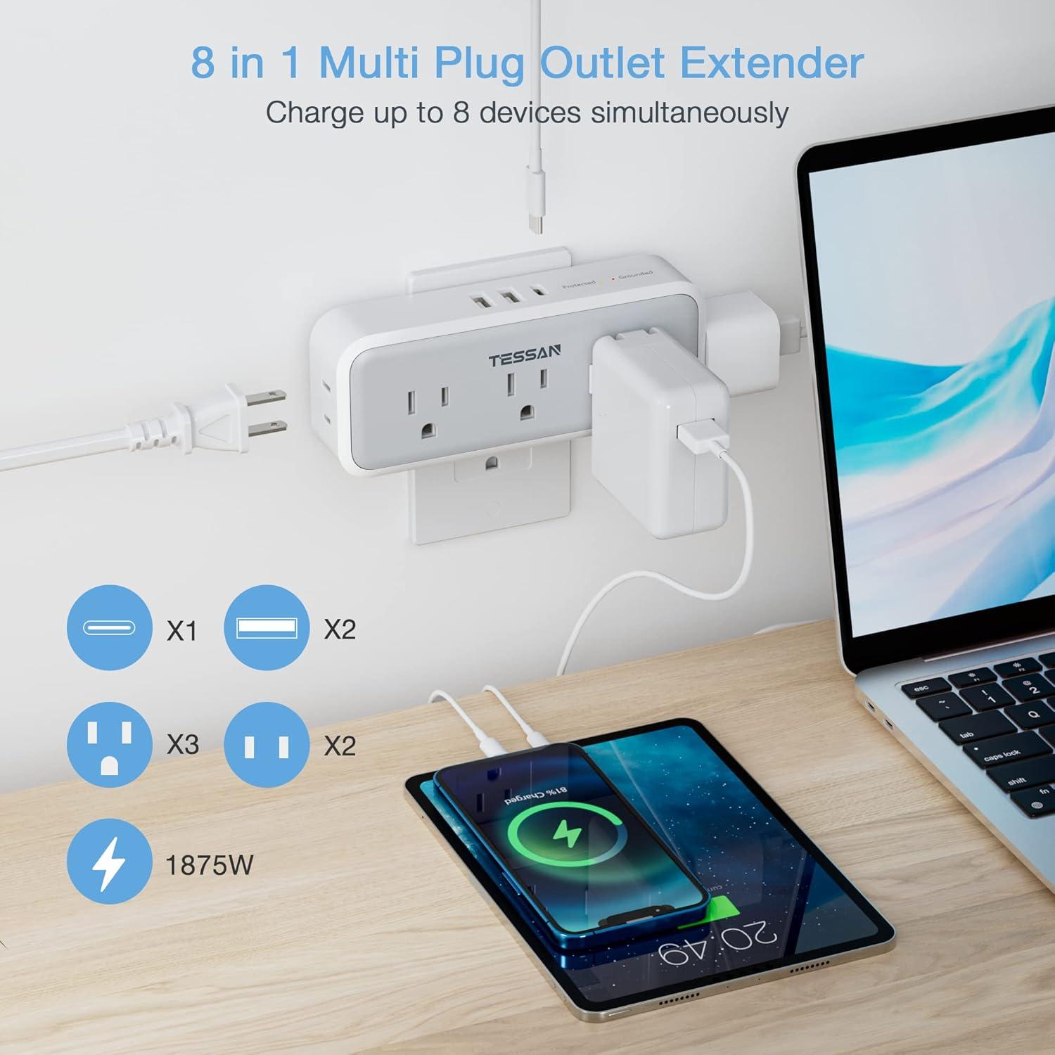 Extensor de Enchufe Múltiple TESSAN 5 Salidas 3 USB Cargador
