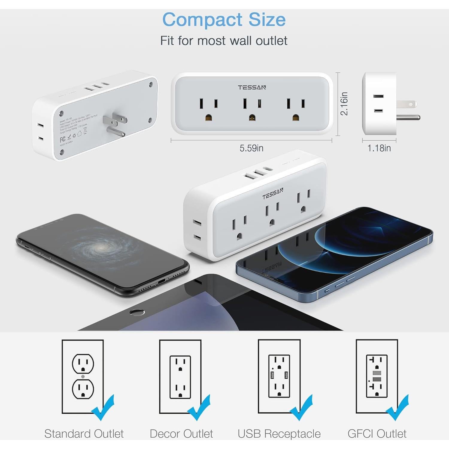 Extensor de Enchufe Múltiple TESSAN 5 Salidas 3 USB Cargador