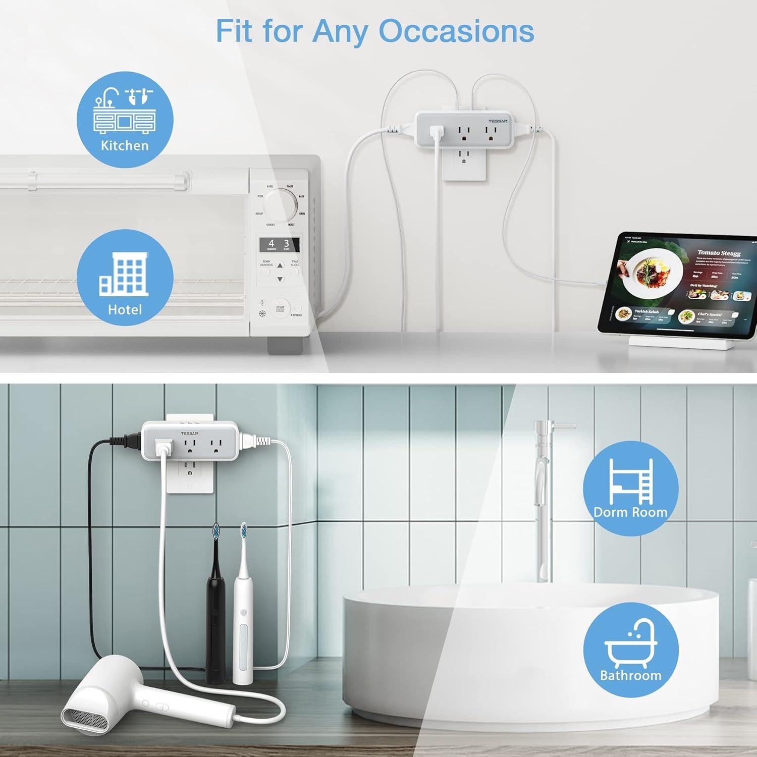 Extensor de Enchufe Múltiple TESSAN 5 Salidas 3 USB Cargador