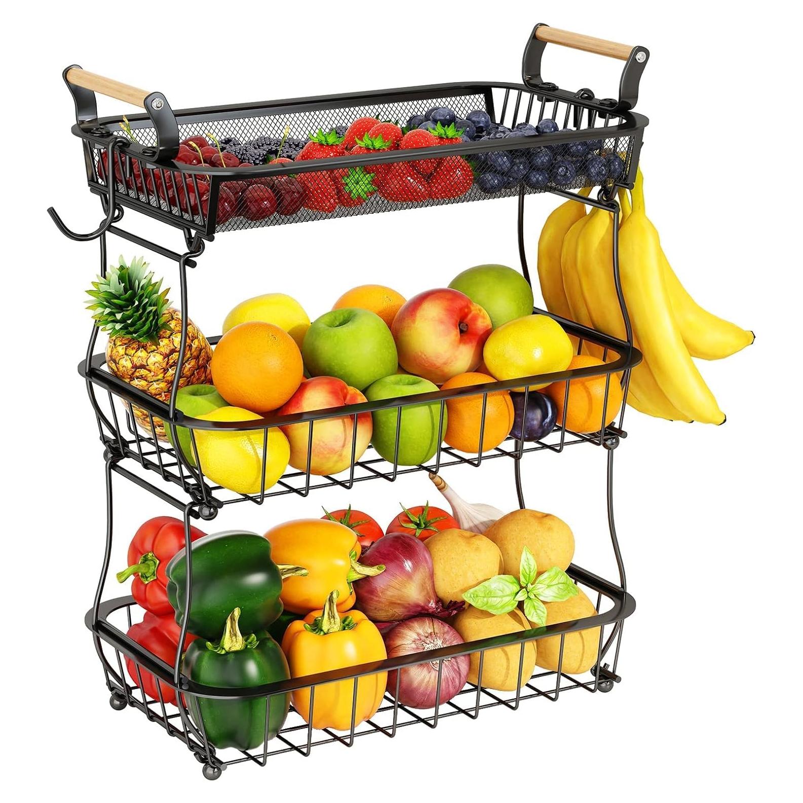Cesta de Frutas 3 Niveles Miyawell con Soportes para Plátanos