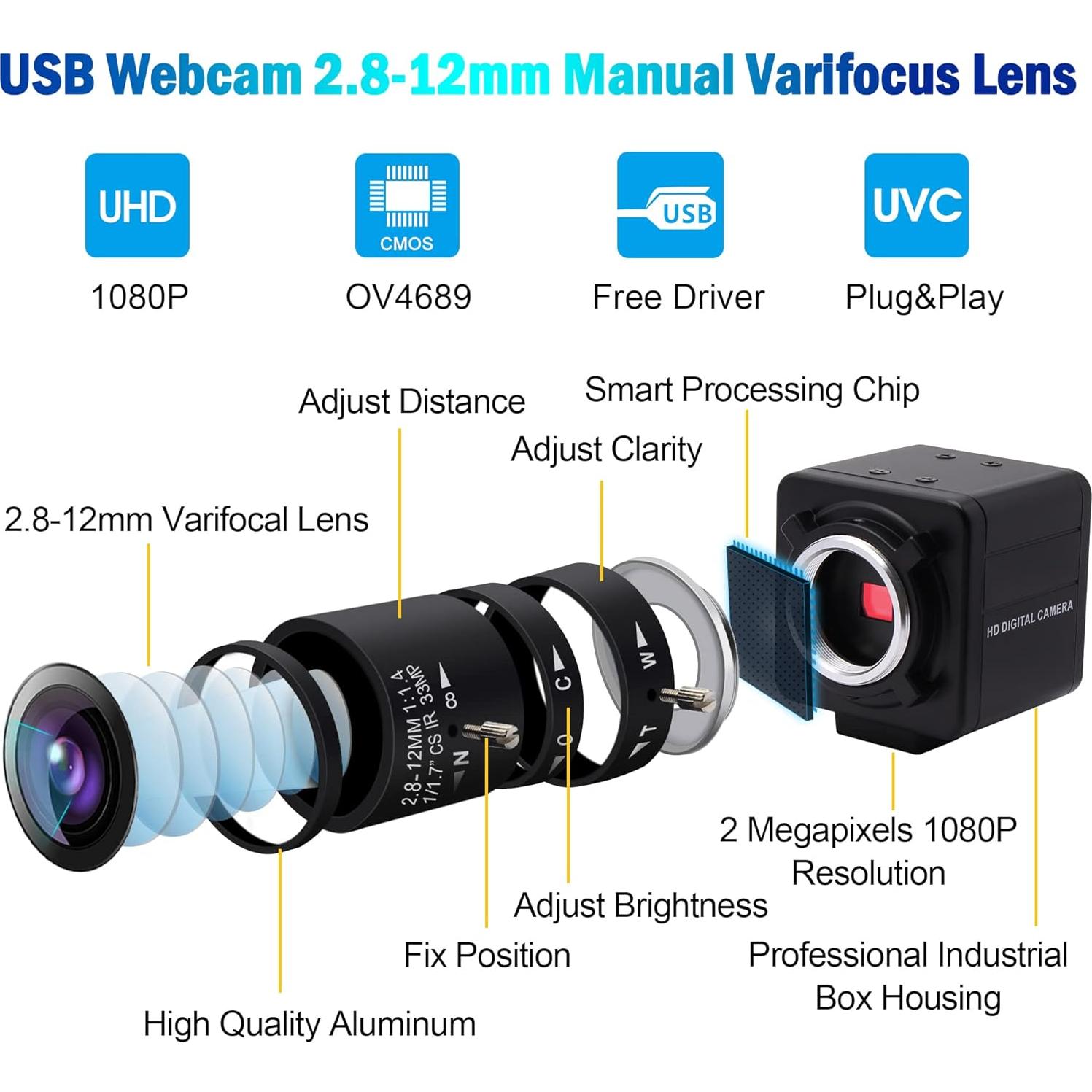 Cámara USB 1080P IFWATER 260fps Lente Zoom 2.8-12mm