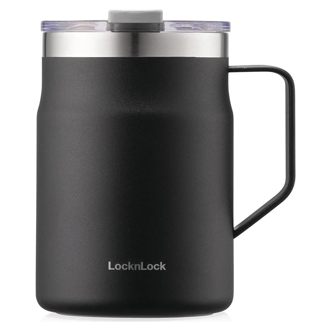 LocknLock Metro Mug Premium 18/8 Stainless Steel Double Wall Insulated with Handle Perfect for table with Lid, Black, 16 oz