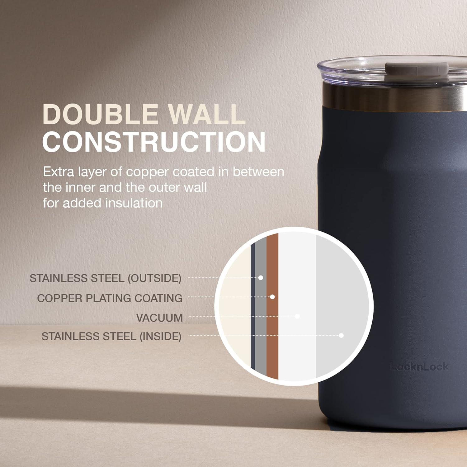 LocknLock Metro Mug Premium 18/8 Stainless Steel Double Wall Insulated with Handle Perfect for table with Lid, Black, 16 oz