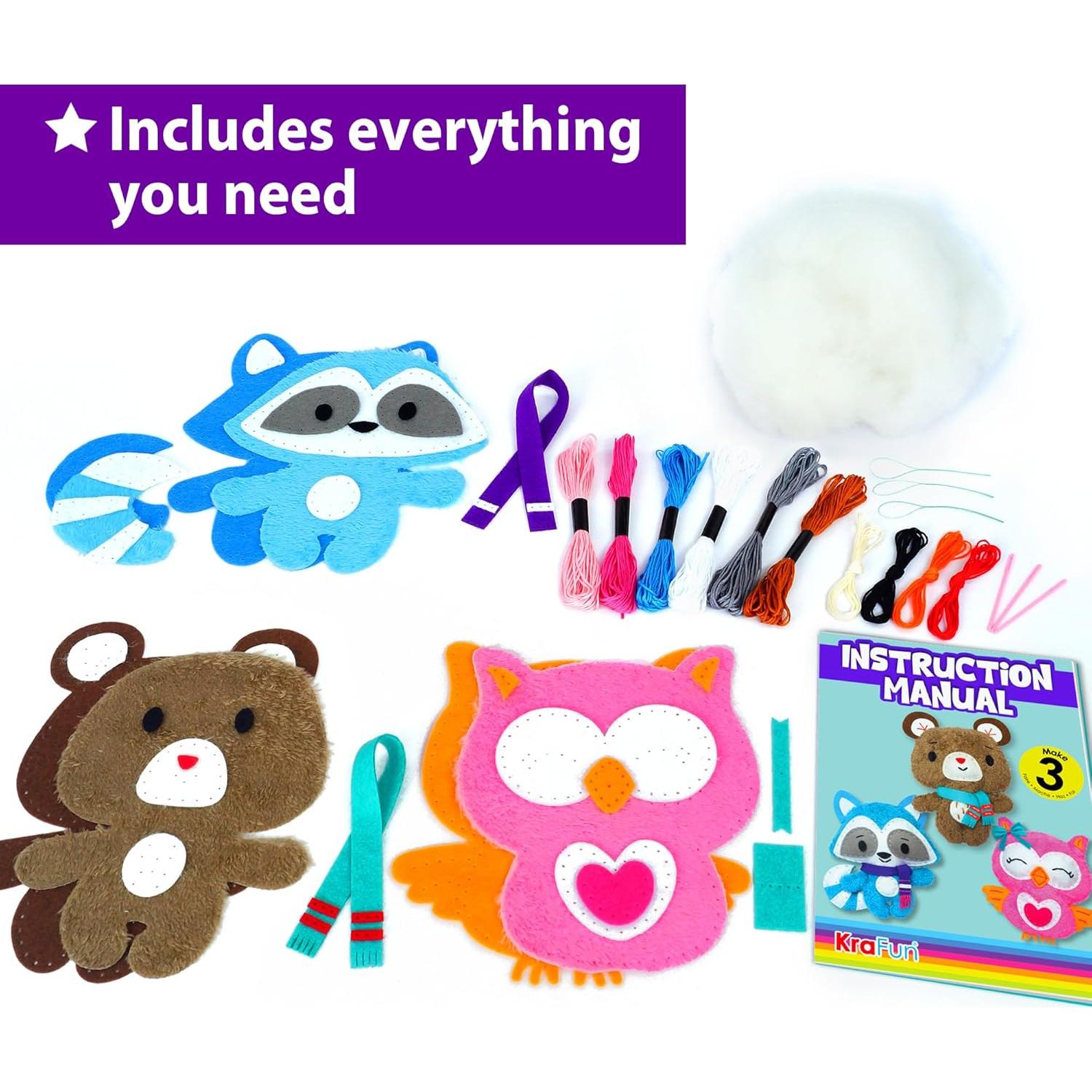 Kit de Costura KRAFUN para Niños 7+ Años - 3 Muñecas Peluche