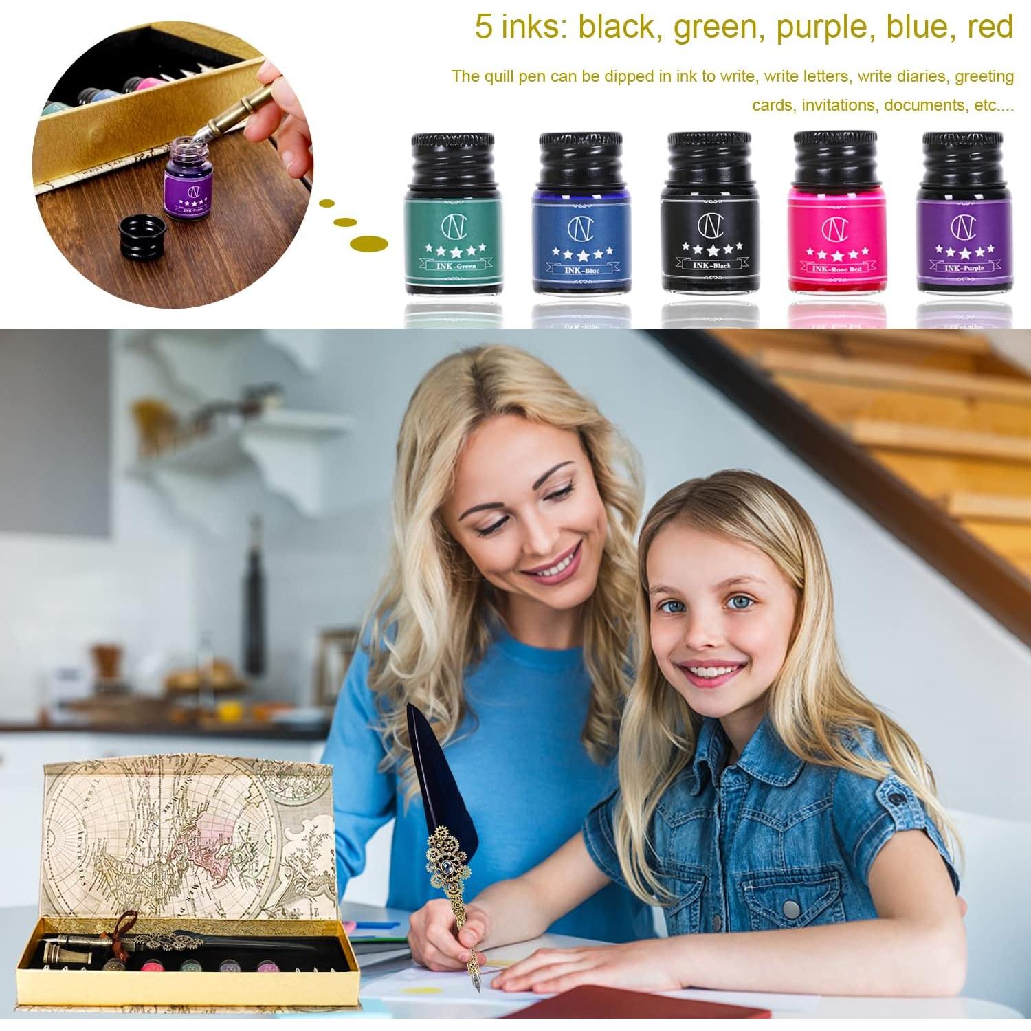 Juego de Pluma de Pavo NC con 5 Tintas y 6 Puntas de Acero