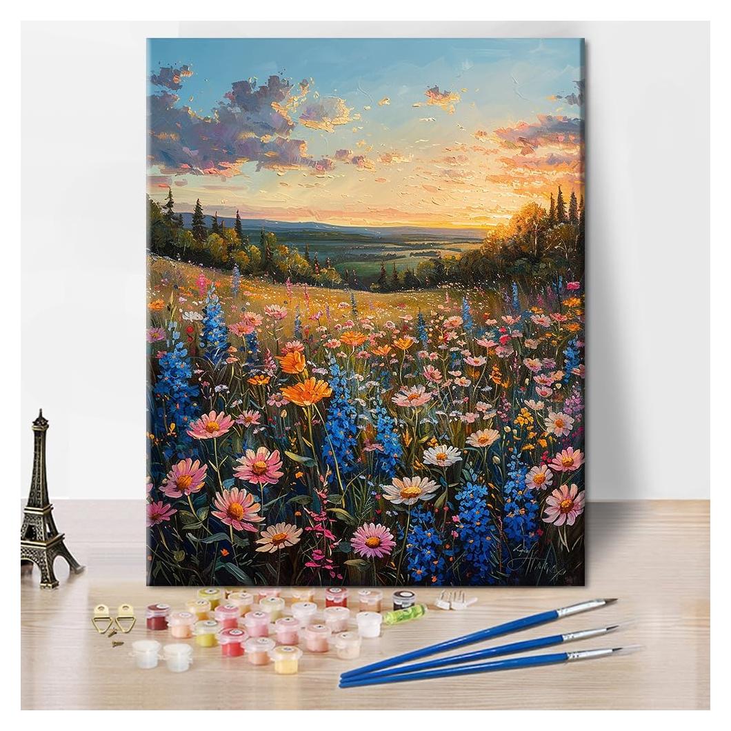 TUMOVO Flowers in Clusters Paint by Numbers for Adults, DIY Wildflowers Paint by Numbers Kits on Canvas Sunset Painting Kits for Beginner (Frameless) Oil Painting Kits Gift for Adults16x20 inch