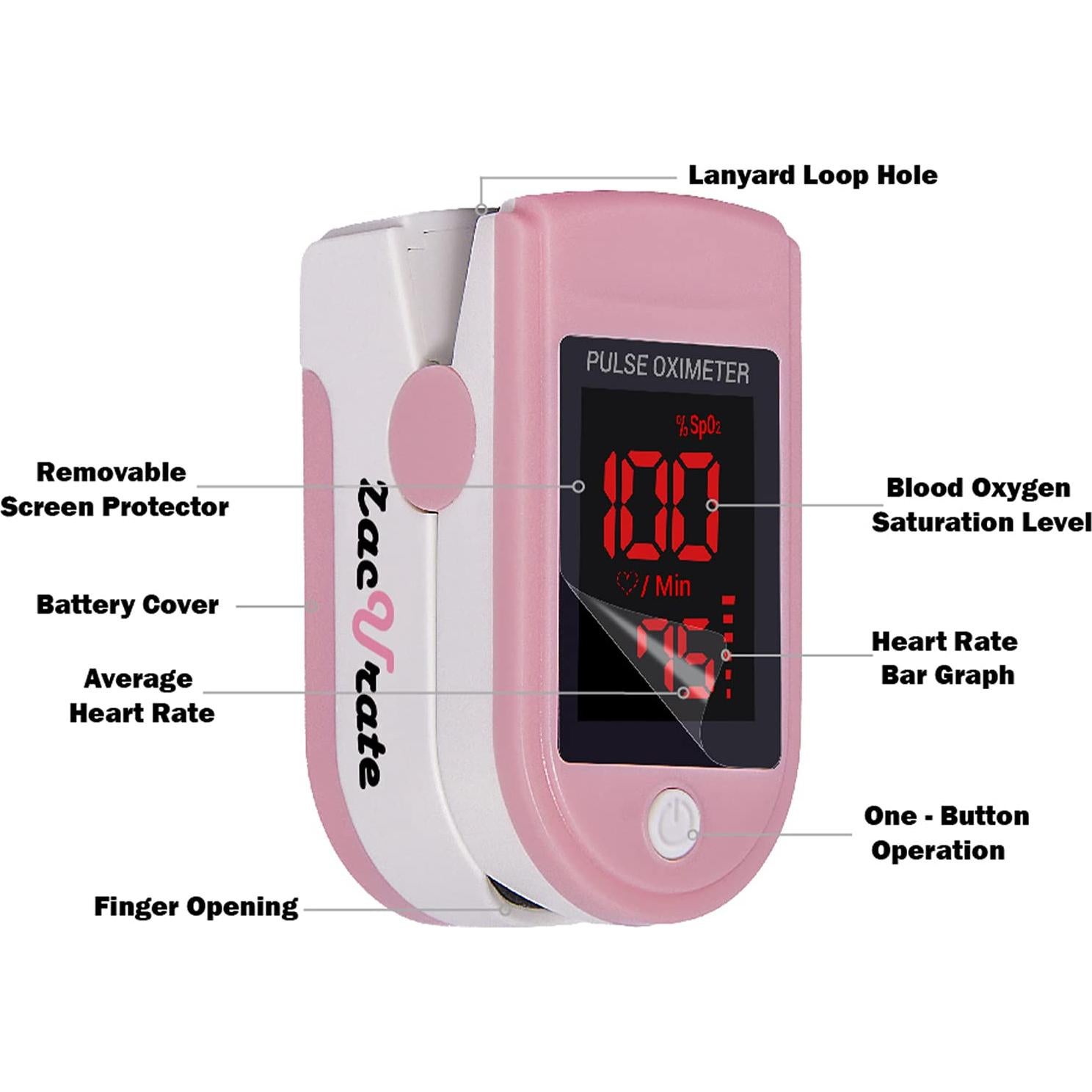 Oxímetro de Pulso Zacurate 500DL Rosa con Funda y Baterías