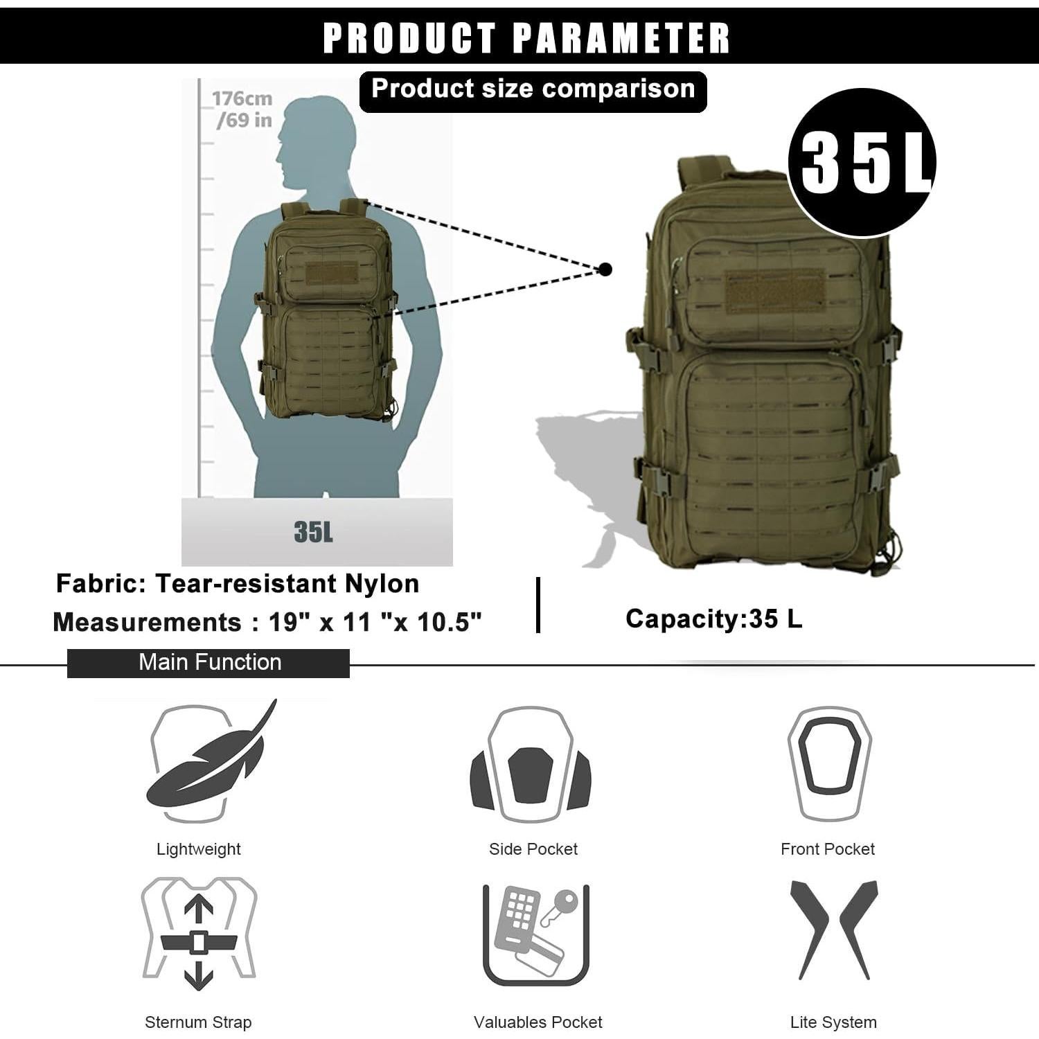 Mochila Táctica Militar 35L Verde Resistente al Agua MOLLE