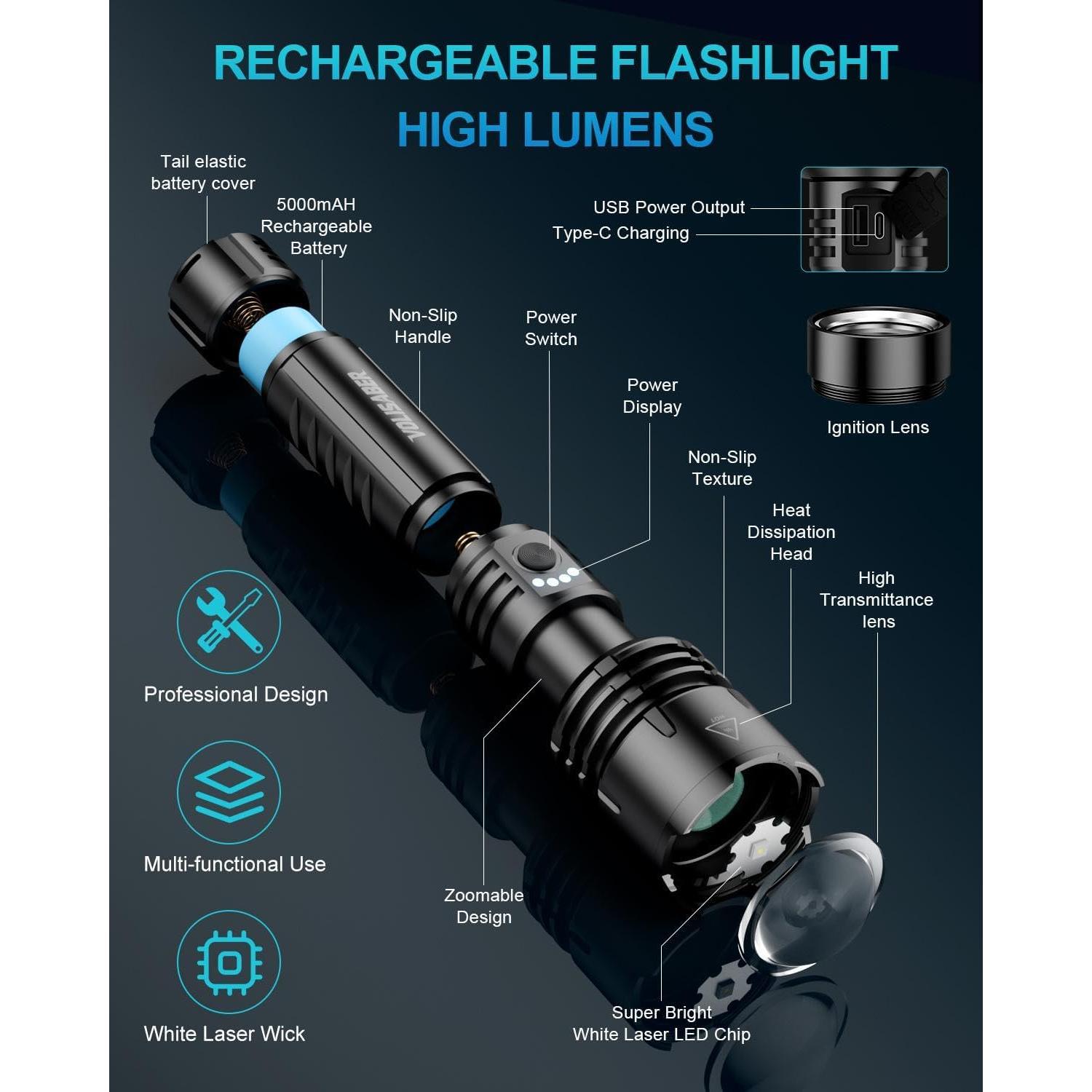 Linterna LED Recargable VOLISABER 2000 Lúmenes Zoomable IPX6