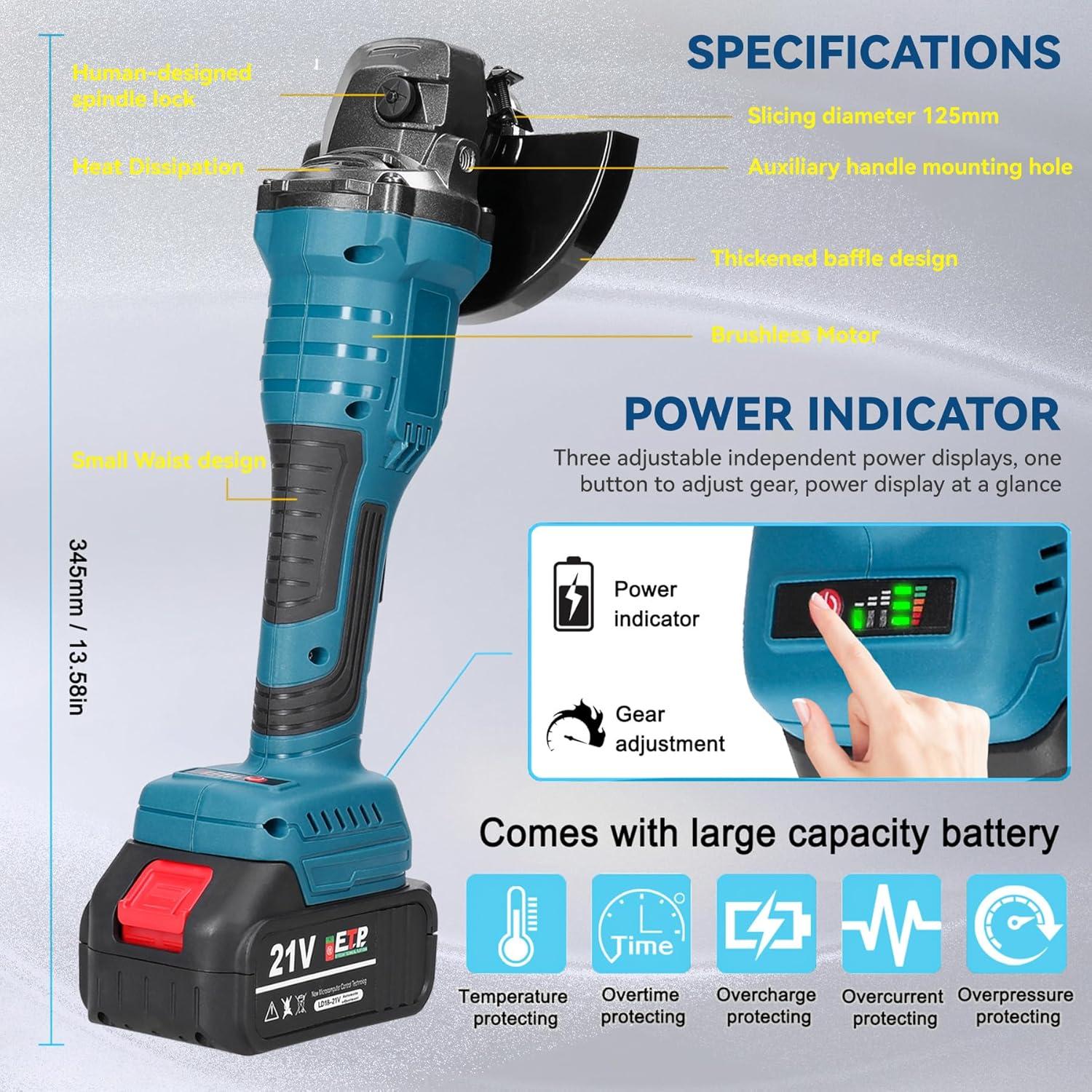 Amoladora Angular Inalámbrica Housiwill 125mm 800W 11000RPM