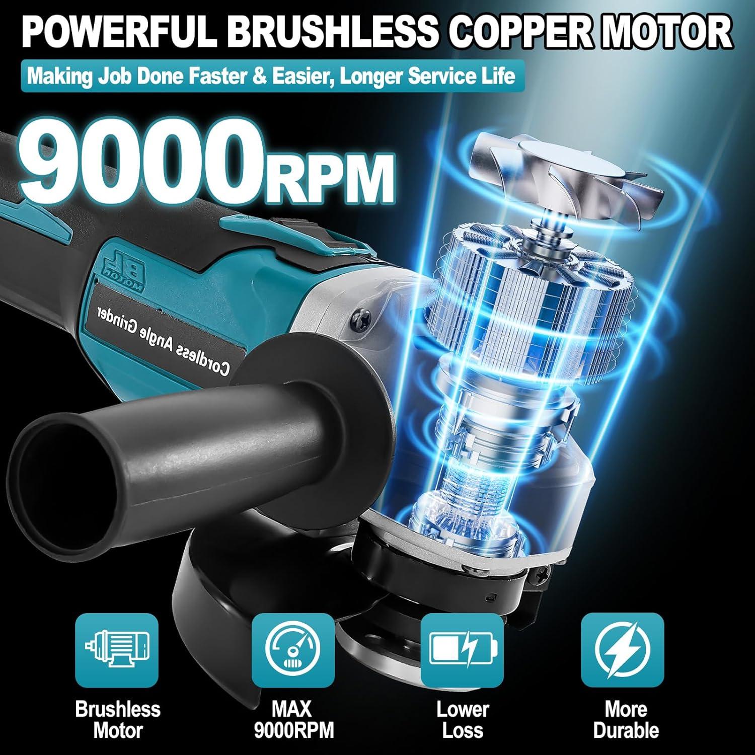 Amoladora Angular Inalámbrica Aslsouti 21V 9000RPM 3 Velocidades