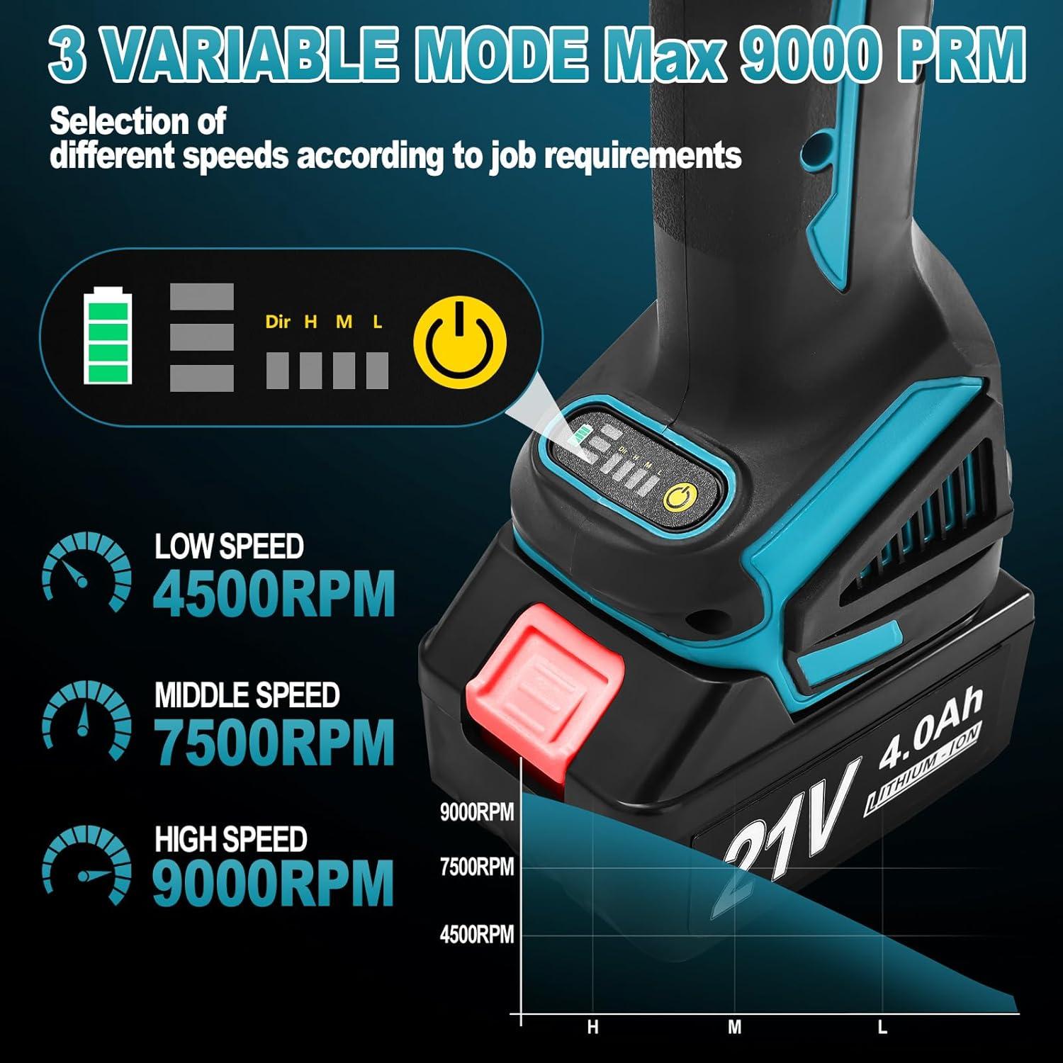 Amoladora Angular Inalámbrica Aslsouti 21V 9000RPM 3 Velocidades