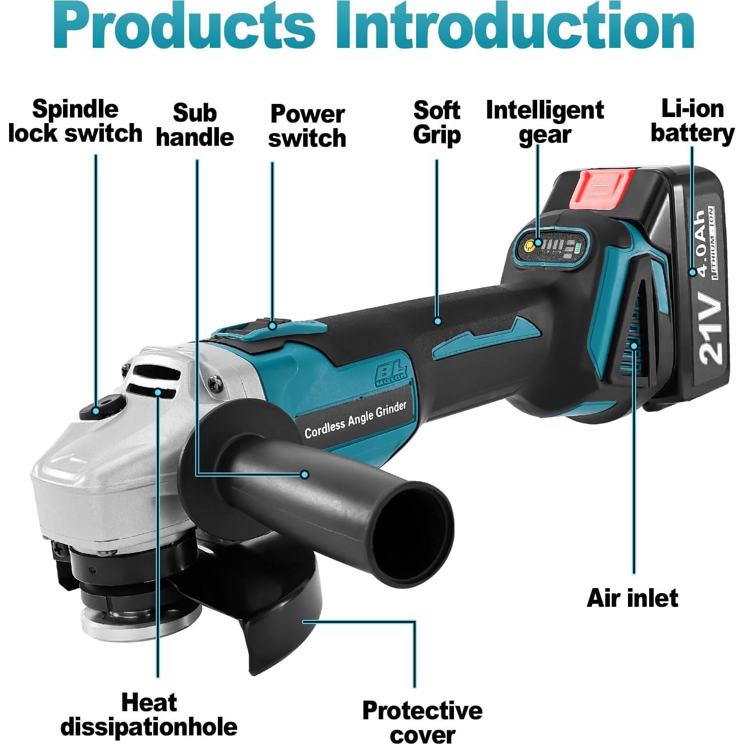 Amoladora Angular Inalámbrica Aslsouti 21V 9000RPM 3 Velocidades