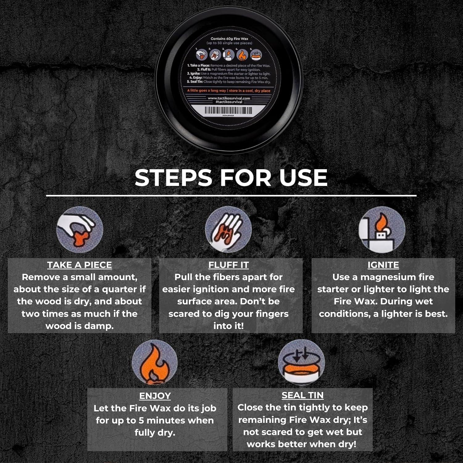 Cera de Fuego Tactiko - 60g, quema 5 min, ideal para madera húmeda