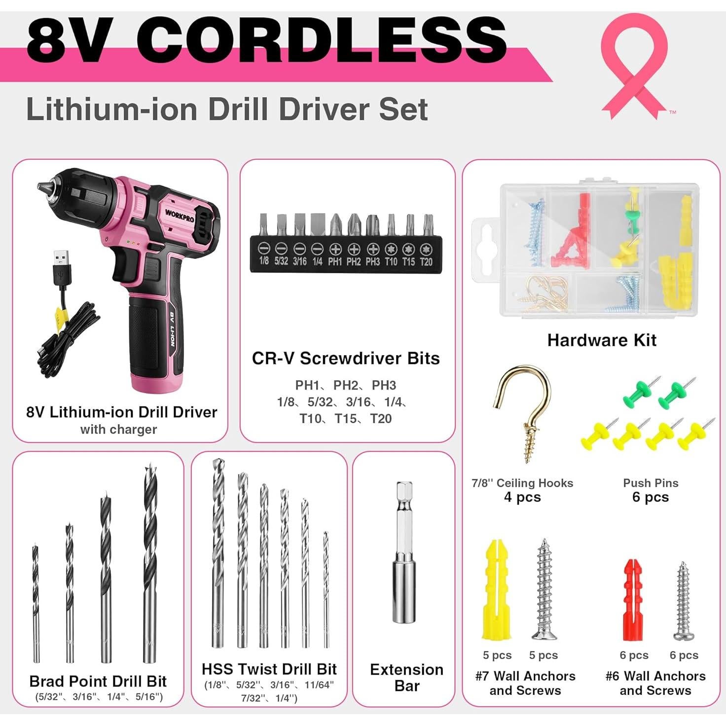Taladro Inalambrico WORKPRO Rosa 8V con 53 Piezas y Batería 2Ah