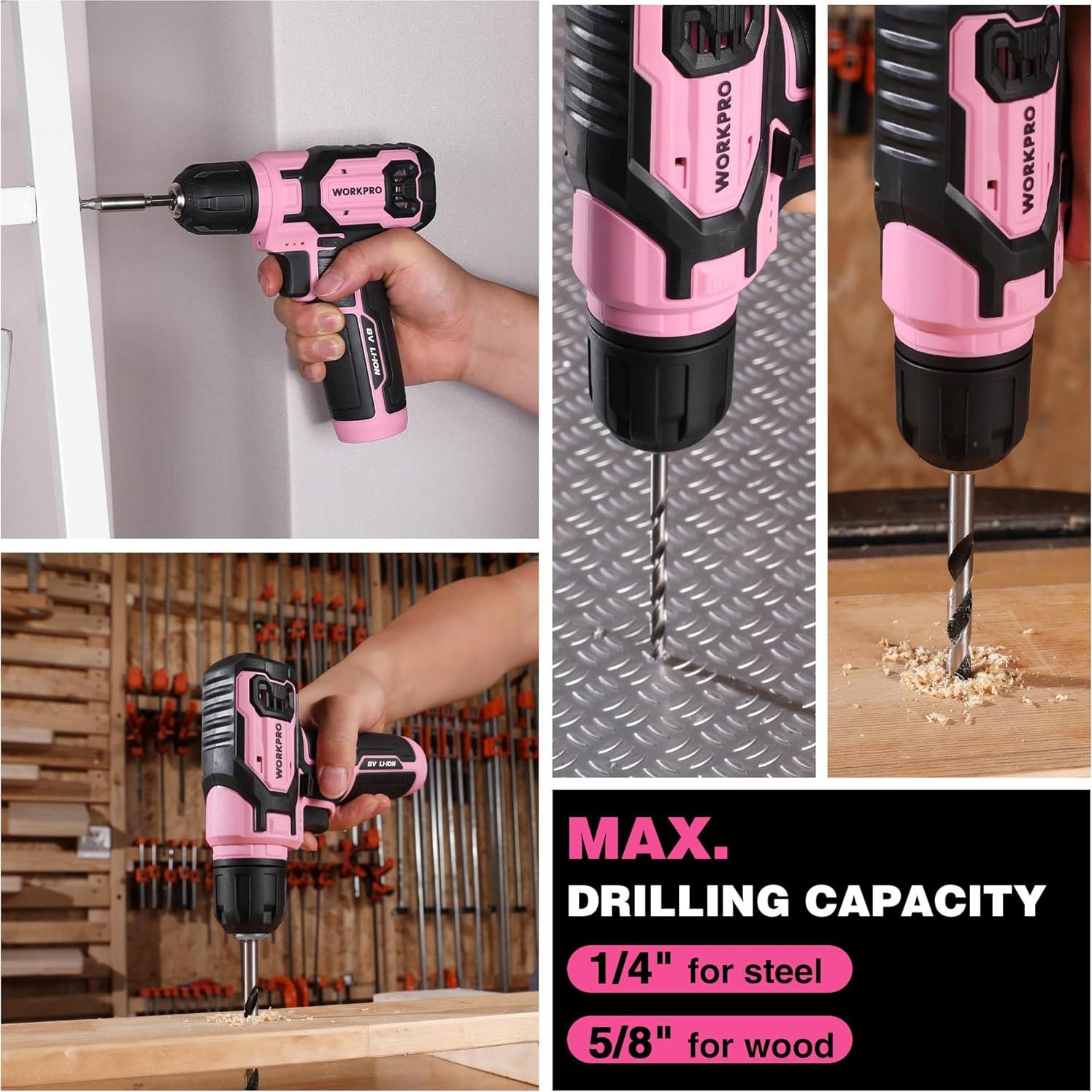 Taladro Inalambrico WORKPRO Rosa 8V con 53 Piezas y Batería 2Ah