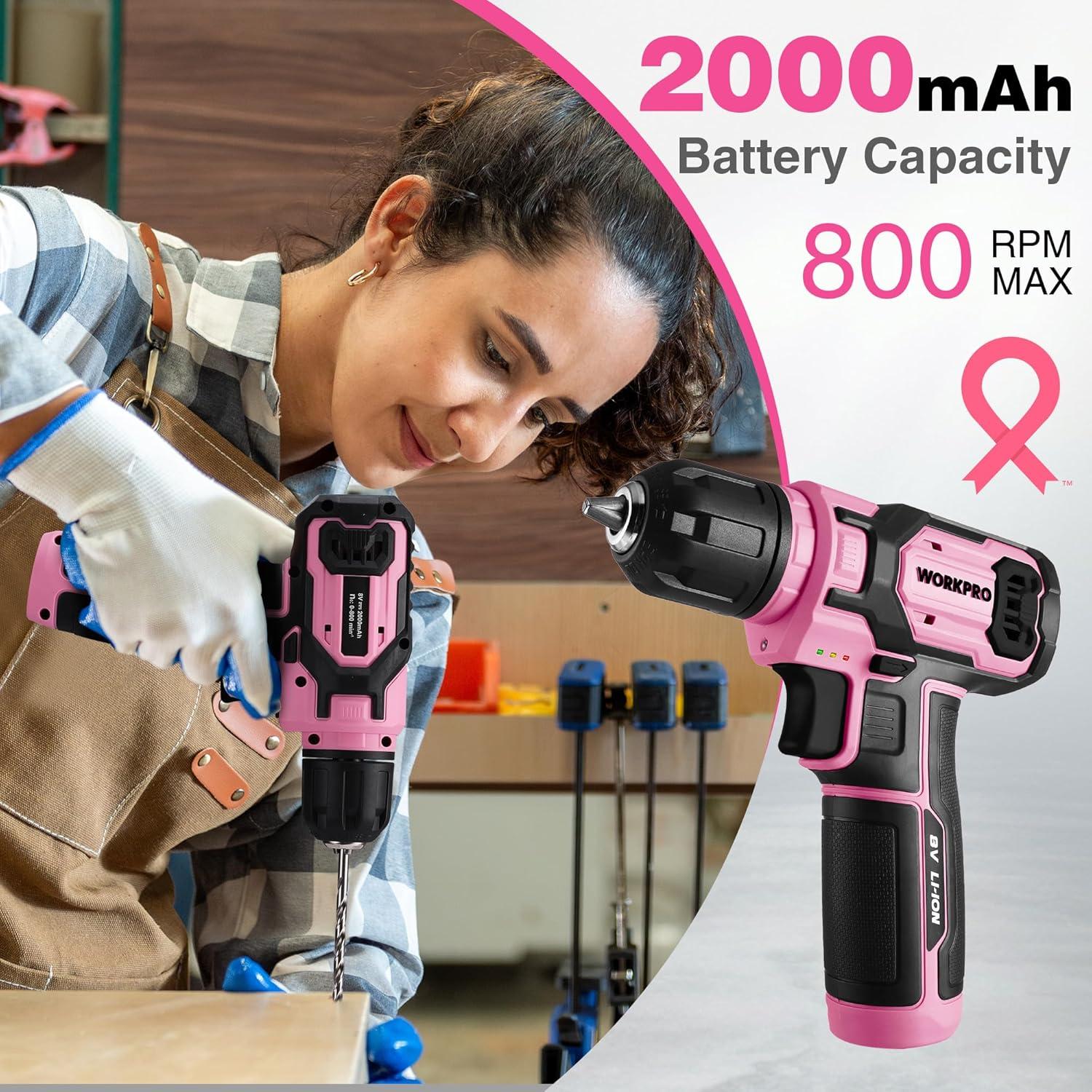 Taladro Inalambrico WORKPRO Rosa 8V con 53 Piezas y Batería 2Ah