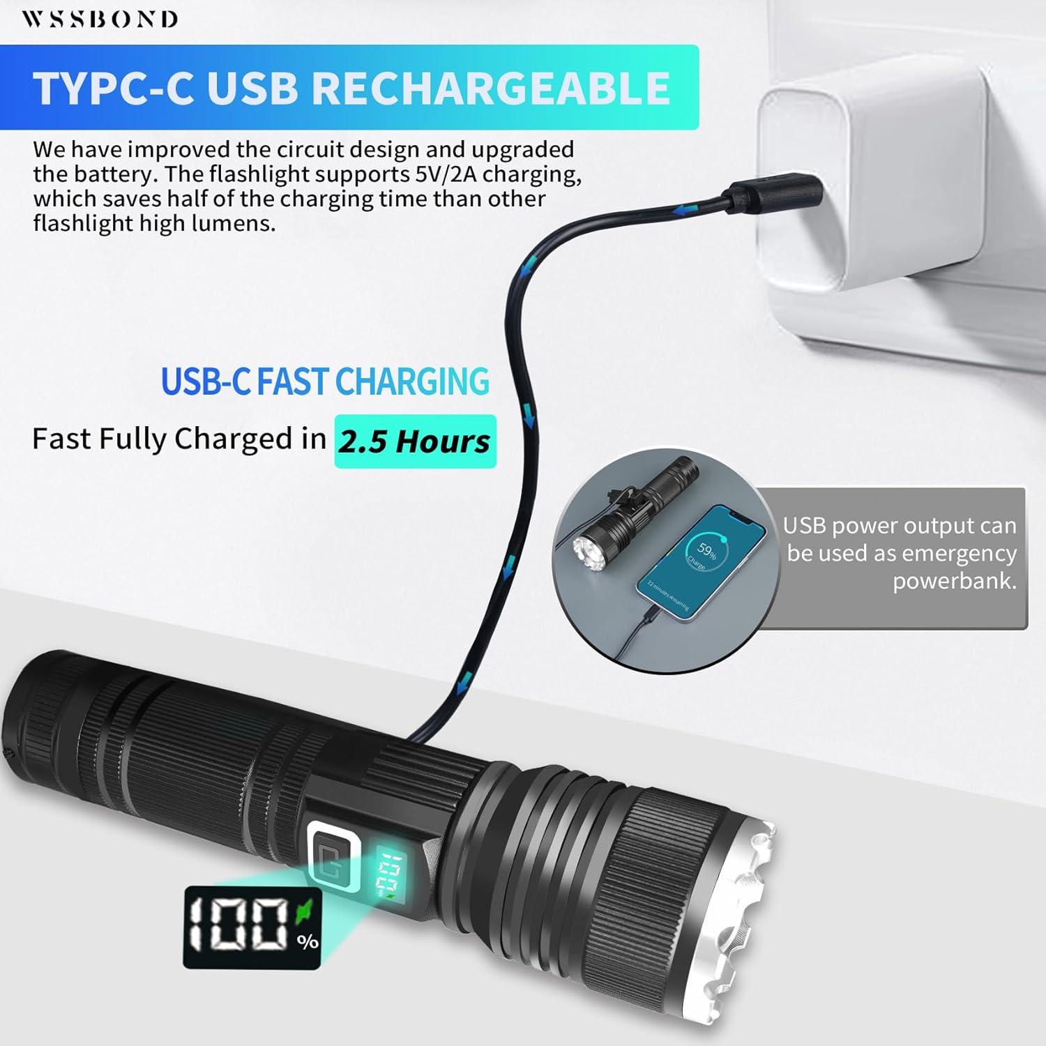 Linterna Recargable WSSBOND G3000DP Alta Lúmenes 20h 5 Modos