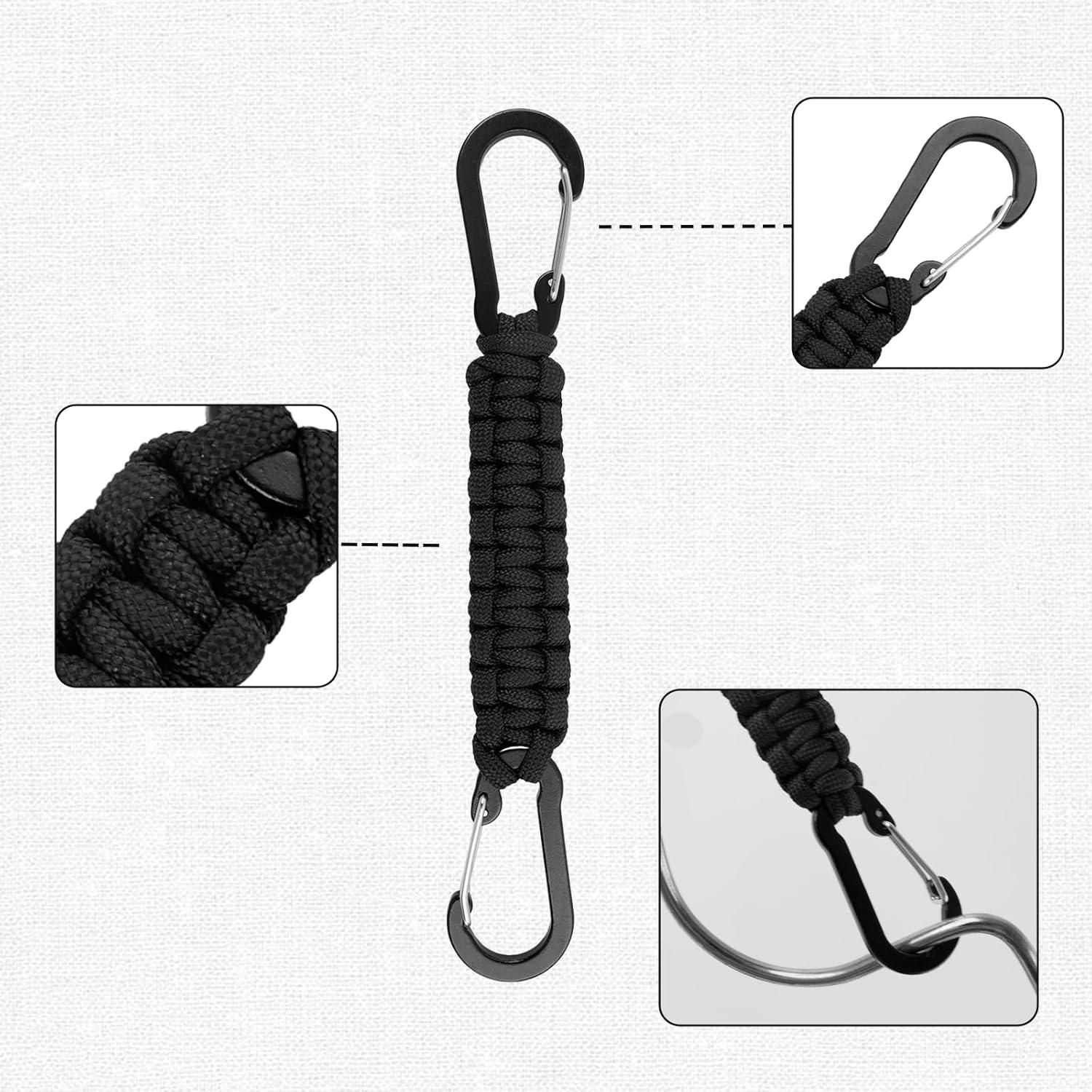 Paquete de 6 Llaveros de Paracord Negro con Clips y Carabineros