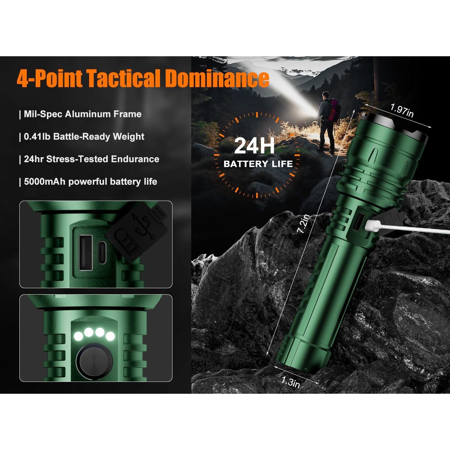 Linterna LED SKYFIRE 1300 Lúmenes Recargable Verde IPX6