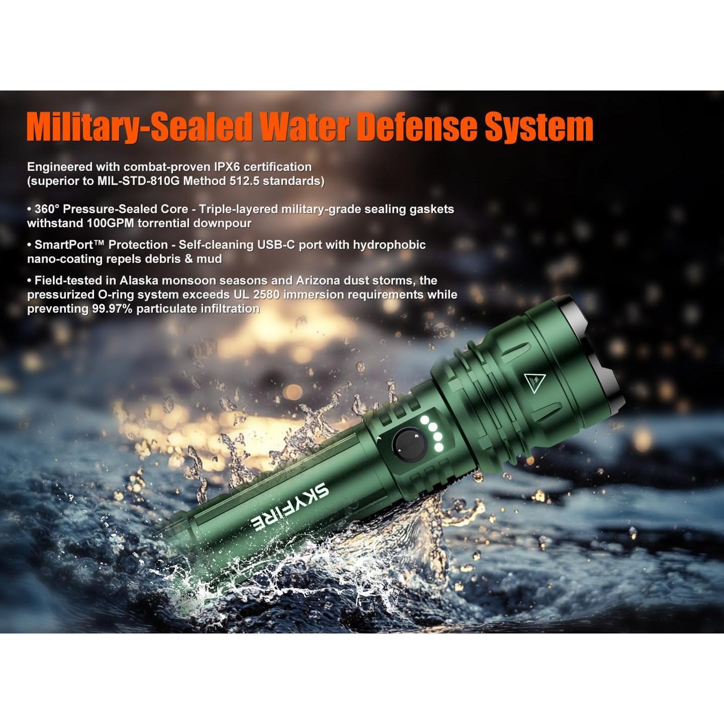Linterna LED SKYFIRE 1300 Lúmenes Recargable Verde IPX6