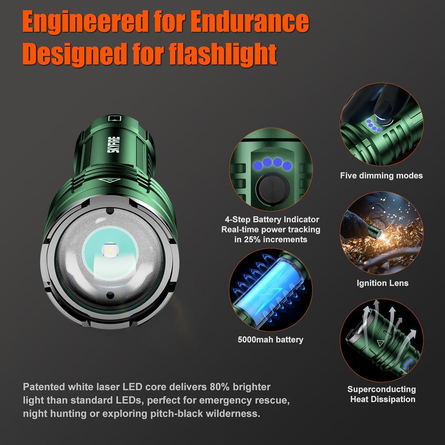 Linterna LED SKYFIRE 1300 Lúmenes Recargable Verde IPX6