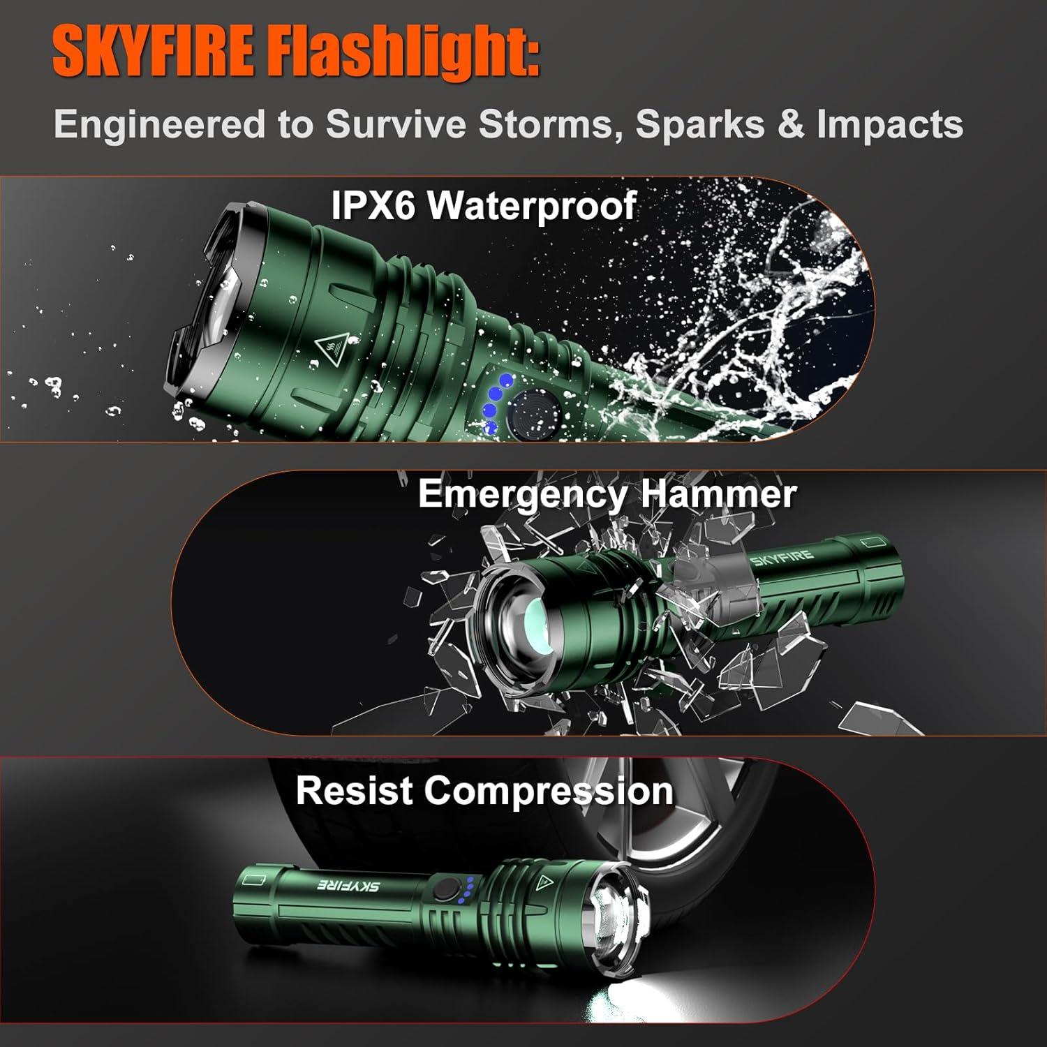 Linterna LED SKYFIRE 1300 Lúmenes Recargable Verde IPX6