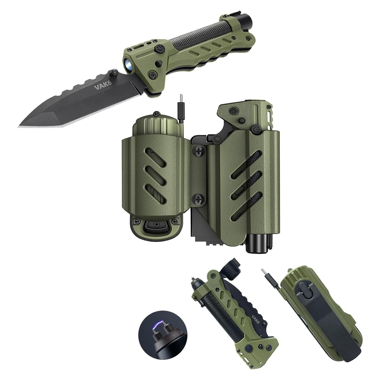 Herramienta Multiusos de Supervivencia Sayram SK1 - Cuchillo Táctico, Linterna LED, Encendedor de Arco, Generador de Manivela