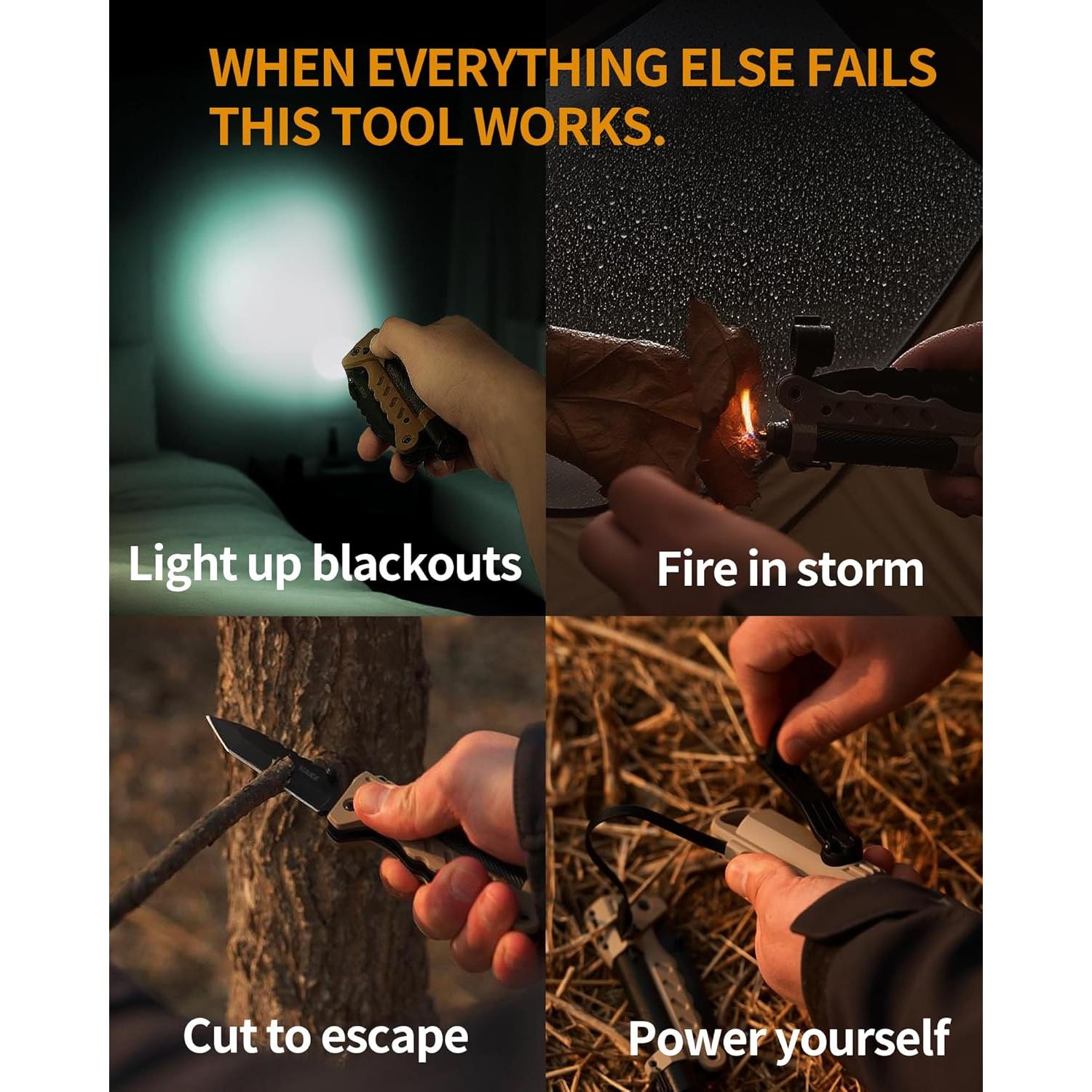 Herramienta Multiusos de Supervivencia Sayram SK1 - Cuchillo Táctico, Linterna LED, Encendedor de Arco, Generador de Manivela