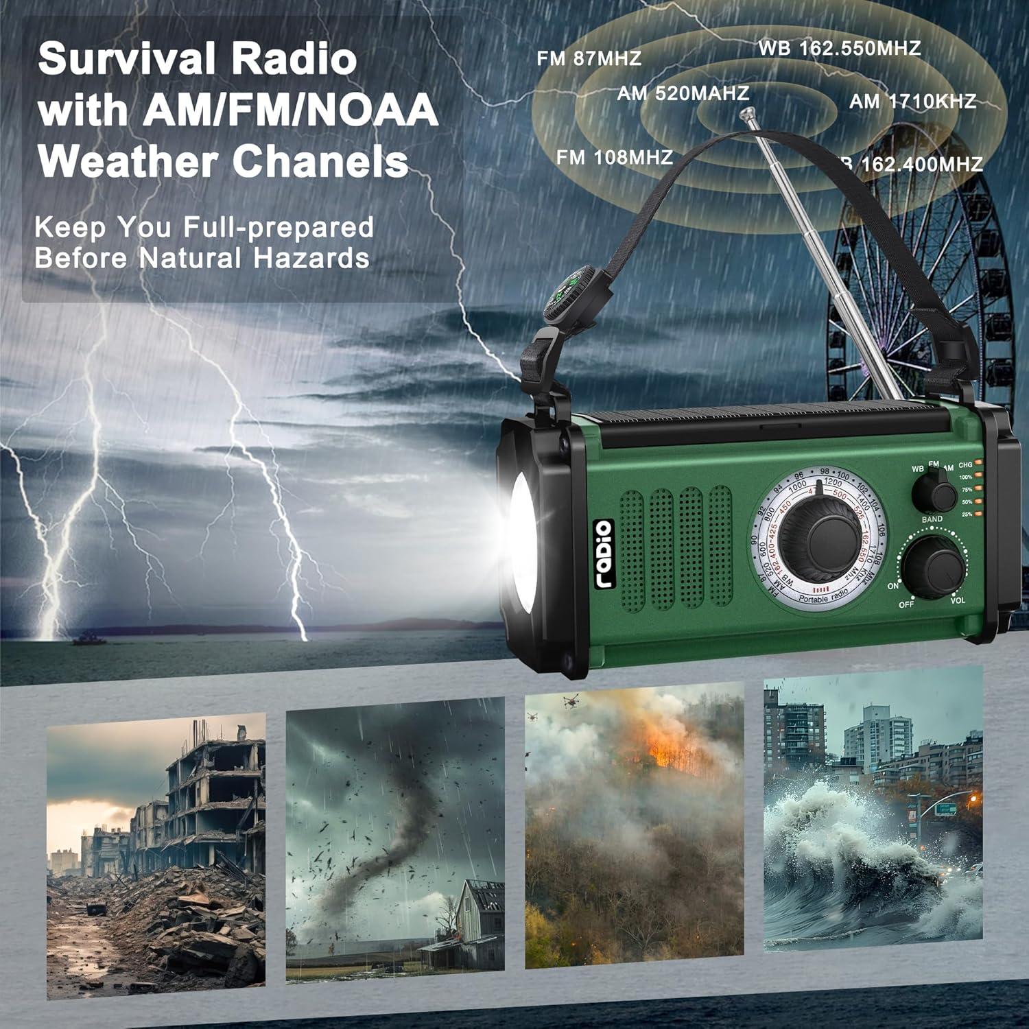 Radio de Emergencia Axyebi NOAA Solar Manivela 448g Verde