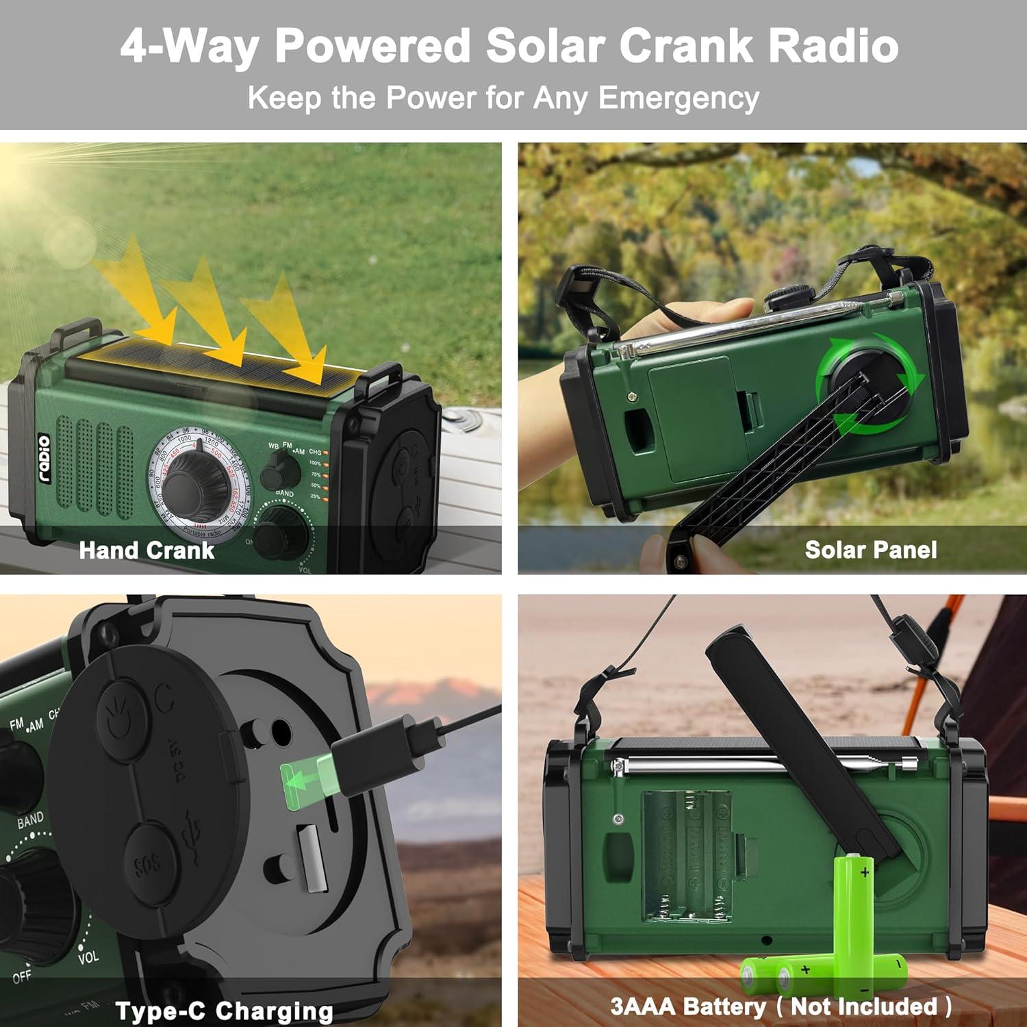 Radio de Emergencia Axyebi NOAA Solar Manivela 448g Verde