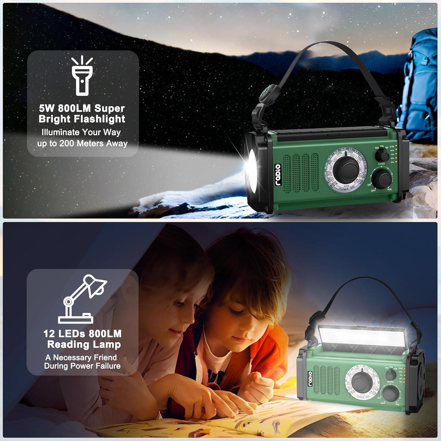 Radio de Emergencia Axyebi NOAA Solar Manivela 448g Verde