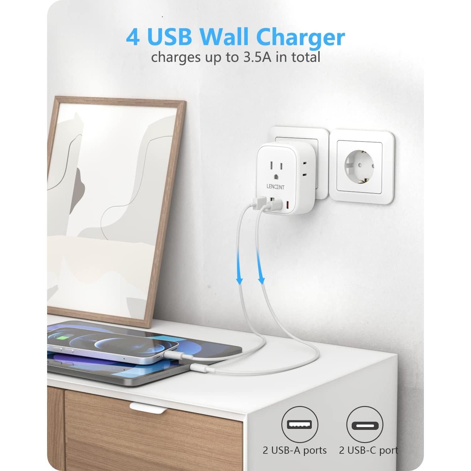 Adaptador de Enchufe de Viaje LENCENT Tipo C 2 Paquetes 8-en-1